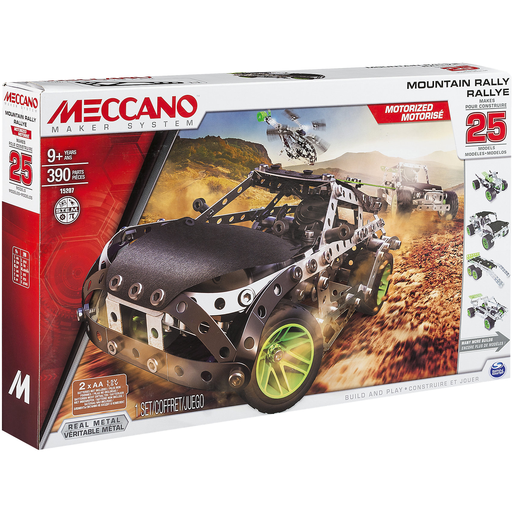 Раллийная машина с мотором (25 моделей), Meccano Раллийная машина с мотором (25 моделей), MeccanoМеталлические конструкторы<br>В наборе Раллийная машина с мотором (25 моделей), Meccano (Меккано) 323 элементов с функциональными деталями: мягкие панели на корпусе, рулевое управление и настоящий двигатель. Из конструктора можно собрать 25 разнообразных моделей техники (различные спорткары, вертолет, бульдозер, луноход и др.). В комплекте есть мотор, который можно включить, и машина поедет!<br><br>Характеристики:<br>-Части детально проработаны<br>-Детали отлиты из высококачественного сплава, отсутствуют заусенцы и острые грани<br>-Развивает: навыки инженерного мышления, мелкую моторику, комбинаторные навыки, логику, усидчивость<br>-Колеса поворачивают влево-вправо<br><br>Комплектация: 323 детали, в т. ч. рулевое управление, подвеска, колеса с резиновыми покрышками, мотор, мягкие панели и др., инструкция<br><br>Дополнительная информация:<br>-Количество деталей: 323<br>-Вес в упаковке: 4,3 кг<br>-Размеры в упаковке: 25x45x6 см<br>-Материалы: металл, пластик, резина<br>-Размер основной модели: 24х12 см<br>-Питание: 2 батарейки типа АА (в комплект НЕ входят)<br><br>Яркий набор Раллийная машина с мотором (25 моделей), доставит удовольствие юным техникам!<br><br>Раллийная машина с мотором (25 моделей), Meccano (Меккано) можно купить в нашем магазине.<br><br>Ширина мм: 405<br>Глубина мм: 251<br>Высота мм: 68<br>Вес г: 991<br>Возраст от месяцев: 108<br>Возраст до месяцев: 168<br>Пол: Мужской<br>Возраст: Детский<br>SKU: 4158556