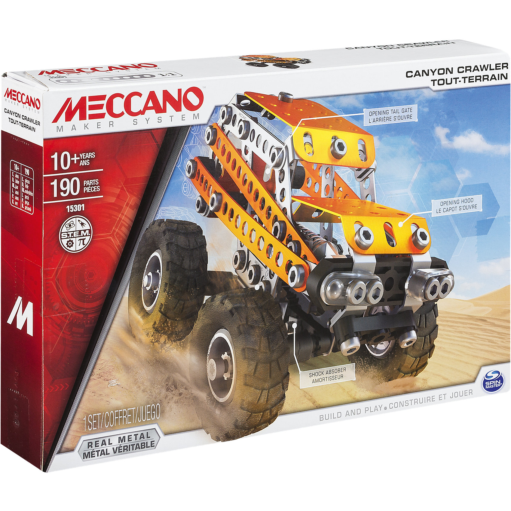 Внедорожник (2 модели), Meccano Внедорожник (2 модели), MeccanoМеталлические конструкторы<br>Замечательный набор конструктора Внедорожник (2 модели), Meccano (Меккано), несомненно, порадует поклонников классических конструкторов, собираемых с помощью винтиков и шайбочек! Базовая модель этого набора – джип-внедорожник с большими колесами, который перестраивается в грузовик. Основные детали представляют собой металлические пластины с отверстиями, которые соединяются при помощи болтов, но также в набор входят подвижные элементы – широкие резиновые колеса и части подвески. <br><br>Характеристики:<br>-Части детально проработаны<br>-Детали отлиты из высококачественного сплава, отсутствуют заусенцы и острые грани<br>-Развивает: навыки инженерного мышления, мелкую моторику, комбинаторные навыки, логику, усидчивость<br>-Работающая подвеска, открывающаяся задняя дверь, откидывающийся верх<br>-Детали обшивки стильного цвета – оранжевый металлик<br><br>Комплектация: 190 деталей, инструменты (отвертка, гаечный ключ), схема сборки<br><br>Дополнительная информация:<br>-Количество деталей: 190<br>-Вес в упаковке: 2,1 кг<br>-Размеры в упаковке: 18х25х5 см<br>-Материалы: пластик, металл, резина <br>-Размер основной модели: 12х9х9 см<br><br>Яркий металлический набор Внедорожник (2 модели), Meccano (Меккано) – отличный подарок для школьника, который любит проектирование, строительство и различные механизмы!<br><br>Внедорожник (2 модели), Meccano (Меккано) можно купить в нашем магазине.<br><br>Ширина мм: 300<br>Глубина мм: 205<br>Высота мм: 53<br>Вес г: 455<br>Возраст от месяцев: 120<br>Возраст до месяцев: 180<br>Пол: Мужской<br>Возраст: Детский<br>SKU: 4158559