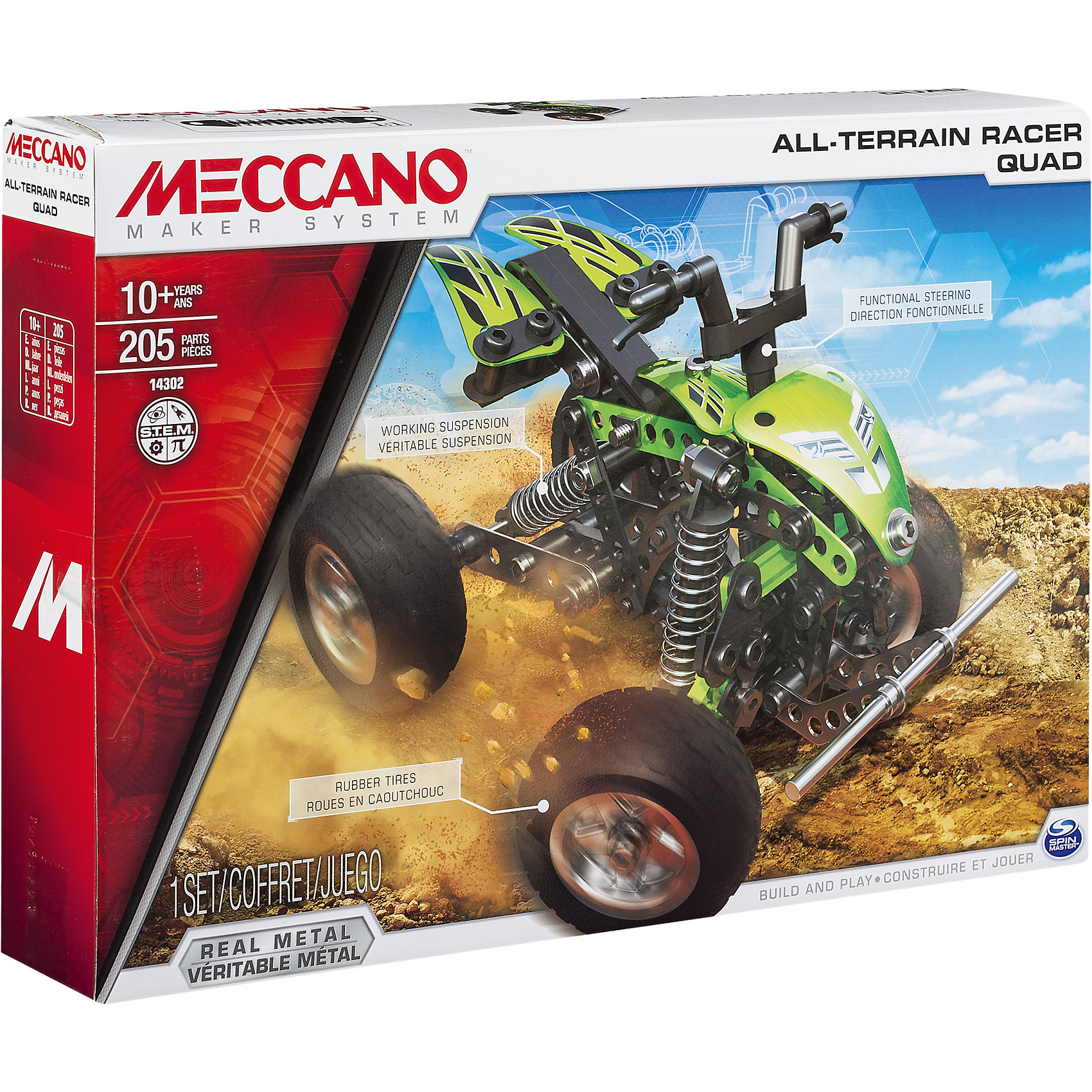 Квадроцикл (2 модели), Meccano Квадроцикл (2 модели), MeccanoМеталлические конструкторы<br>Из набора конструктора Квадроцикл (2 модели), Meccano (Меккано) можно собрать одну из двух моделей колесной техники – квадроцикл или трехколесный мотоцикл для города. Модели оснащены подвеской, рулевым управлением и амортизаторами.<br><br>Характеристики:<br>-Части детально проработаны<br>-Детали отлиты из высококачественного сплава, отсутствуют заусенцы и острые грани<br>-Развивает: навыки инженерного мышления, мелкую моторику, комбинаторные навыки, логику, усидчивость<br>-Подвижные детали: резиновые колеса вращаются, рулевое управление, а пружины подвески действуют как рессоры<br><br>Комплектация: 205 деталей конструктора, наклейки, инструменты, инструкция<br><br>Дополнительная информация:<br>-Количество деталей: 205<br>-Вес в упаковке: 2,9 кг<br>-Размеры в упаковке: 25x35x6 см<br>-Материалы: металл, пластик, резина, бумага<br>-Размер основной модели: 17х14 см<br><br>Яркий металлический набор Квадроцикл (2 модели) – отличный подарок для школьника, который любит проектирование, строительство и различные механизмы!<br><br>Квадроцикл (2 модели), Meccano (Меккано) можно купить в нашем магазине.<br><br>Ширина мм: 355<br>Глубина мм: 251<br>Высота мм: 65<br>Вес г: 628<br>Возраст от месяцев: 120<br>Возраст до месяцев: 180<br>Пол: Мужской<br>Возраст: Детский<br>SKU: 4158560