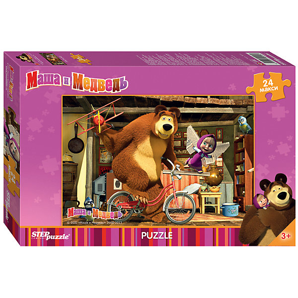 Пазл Маша и Медведь, 24 MAXI детали, Step Puzzle Пазл Маша и Медведь, 24 MAXI детали, Step PuzzleПазлы для малышей<br>Пазл Маша и Медведь, 24 MAXI детали, Step Puzzle (Степ Пазл) – это замечательный красочный пазл с изображением любимых героев.<br>Озорная Маша и добрый Медведь приглашают принять участие в волшебных приключениях. Подарите ребенку чудесный пазл Маша и Медведь, и он будет увлеченно подбирать детали, пока не составит яркую и интересную картинку, на которой Медведь на велосипеде гоняет с самолетом по дому. Большие детали позволяют самостоятельно собирать картинку даже маленьким детям. Сборка пазла Маша и Медведь от Step Puzzle (Степ Пазл) подарит Вашему ребенку не только множество увлекательных вечеров, но и принесет пользу для развития. Координация, моторика, внимательность легко тренируются, пока ребенок увлеченно подбирает детали. Качественные фрагменты пазла отлично проклеены и идеально подходят один к другому, поэтому сборка пазла обеспечит малышу только положительные эмоции. Вы будете использовать этот пазл не один год, ведь благодаря качественной нарезке детали не расслаиваются даже после многократного использования.<br><br>Дополнительная информация:<br><br>- Количество деталей: 24 MAXI детали<br>- Материал: картон<br>- Размер собранной картинки: 50х34,5 см.<br>- Особенно понравится поклонникам мультсериала Маша и Медведь<br>- Отличная проклейка<br>- Долгий срок службы<br>- Детали идеально подходят друг другу<br>- Яркий сюжет<br>- Упаковка: картонная коробка<br>- Размер упаковки: 245x380x40 мм.<br>- Вес: 340 гр.<br><br>Пазл Маша и Медведь, 24 MAXI детали, Step Puzzle (Степ Пазл) можно купить в нашем интернет-магазине.<br><br>Ширина мм: 38<br>Глубина мм: 25<br>Высота мм: 4<br>Вес г: 658<br>Возраст от месяцев: 36<br>Возраст до месяцев: 72<br>Пол: Унисекс<br>Возраст: Детский<br>Количество деталей: 24<br>SKU: 4162749