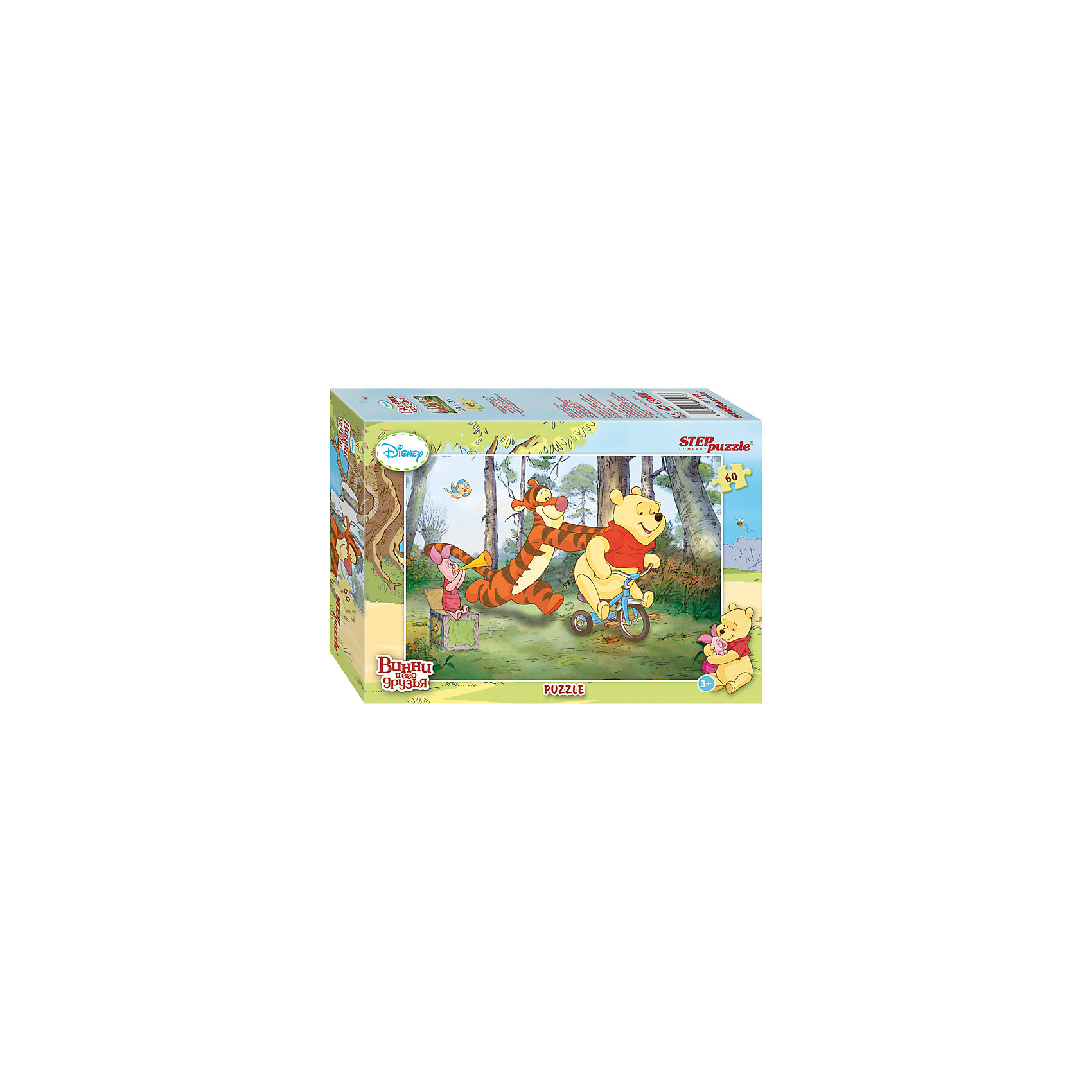 Пазл Винни и его друзья, 60 деталей, Step puzzle Пазл Винни и его друзья, 60 деталей, Step puzzleПазлы для малышей<br>Все обожают жителей волшебного леса! С медвежонком Винни и его друзьями никогда не бывает скучно. Но долго смотреть мультфильмы нельзя, а расставаться с Винни, Тигрой и Пятачком не хочется! Подарите малышу чудесный пазл Винни и его друзья и ребенок будет увлеченно подбирать детали, пока не составит яркую и интересную картинку. Сегодня друзья собрались, чтобы научить неуклюжего медвежонка Винни кататься на велосипеде. Сборка пазла Винни и его друзья от Степ Пазл подарит Вашему малышу не только несколько вечеров творчества, но и принесет пользу для развития. Координация, моторика, внимательность легко тренируются пока ребенок увлеченно подбирает детальки одна к другой. Детали среднего размера отлично подойдут для юных любителей пазлов. Качественные фрагменты пазла отлично проклеены и идеально подходят один к другому, поэтому сборка пазла обеспечит малышу только положительные эмоции. Вы будете использовать этот пазл не один год, ведь благодаря качественной нарезке детали не расслаиваются даже после многократного использования. Закончив работу Вы получите изображение любимых героев мультсериала Винни Пух!<br><br>Дополнительная информация:<br><br>- Количество деталей: 60;<br>- Особенно понравится поклонникам мультсериала Винни и его друзья;<br>- Идеально для начинающих;<br>- Отличная проклейка;<br>- Долгий срок службы;<br>- Детали среднего размера идеально подходят друг другу;<br>- Яркий сюжет;<br>- Материал: картон;<br>- Размер собранной картинки: 23 х 33 см.<br><br>Пазл Винни и его друзья, 60 деталей, Степ Пазл можно купить в нашем интернет-магазине.<br><br>Ширина мм: 20<br>Глубина мм: 14<br>Высота мм: 4<br>Вес г: 150<br>Возраст от месяцев: 36<br>Возраст до месяцев: 72<br>Пол: Унисекс<br>Возраст: Детский<br>Количество деталей: 60<br>SKU: 4162759