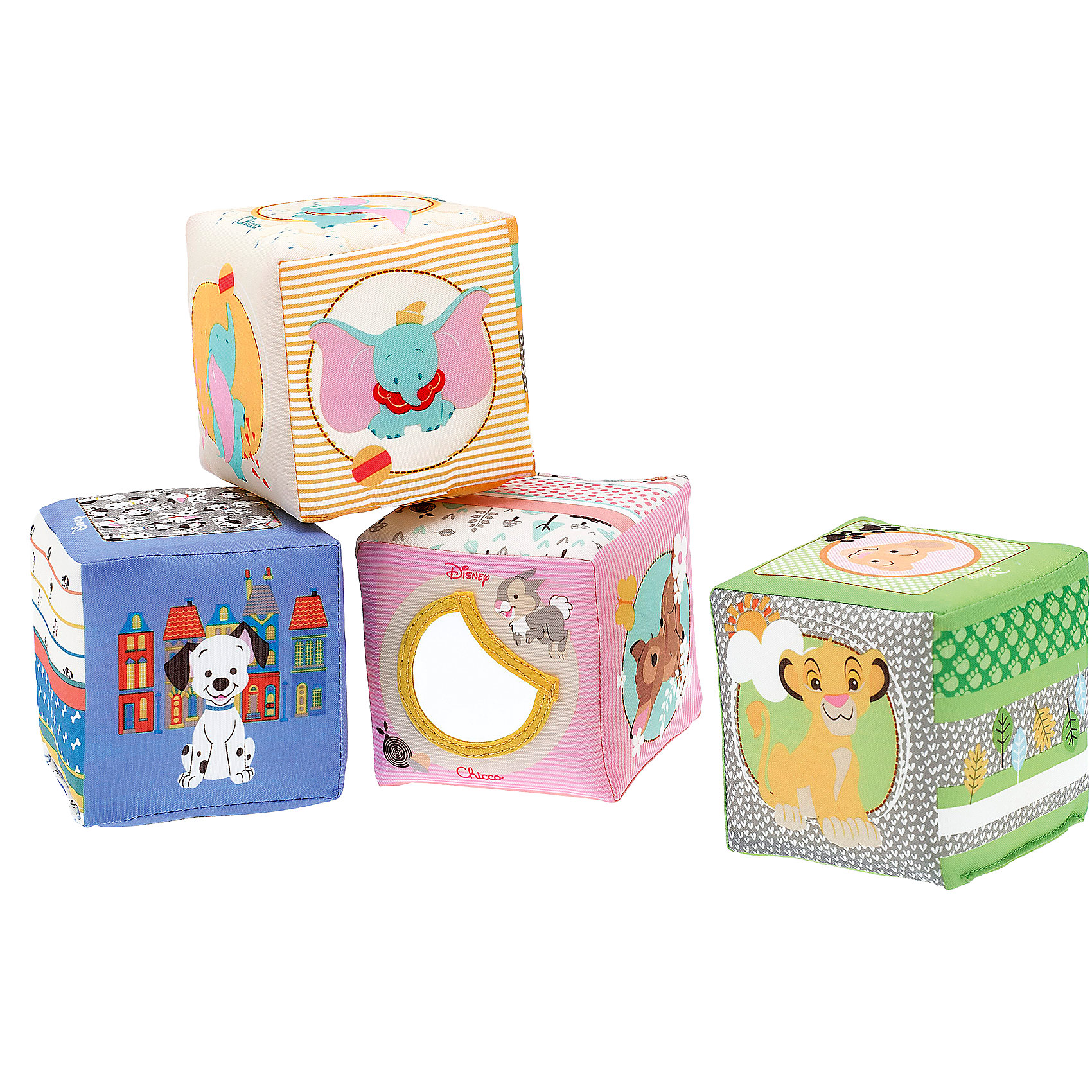 Мягкие кубики Бэмби, Disney, CHICCO Мягкие кубики Бэмби, Disney, CHICCOКубики<br>Мягкие кубики Бэмби, Disney, CHICCO (ЧИКО) – эти разноцветные веселые кубики с мягкой набивкой внутри позабавят и развеселят ребенка.<br>Любимые герои Disney оживают на мягких кубиках Chicco! C их помощью можно придумать множество разных игр, которые развеселят и позабавят малыша. Каждая сторона кубика украшена забавными изображениями и яркими принтами. Каждый кубик способствует развитию сенсорики: зрительного, тактильного и слухового восприятия. Кубики издают шуршащие и звенящие звуки, а у кубика с изображением героя анимационного фильма Disney Бемби есть безопасное зеркальце, которое создает забавные световые эффекты.<br><br>Дополнительная информация:<br><br>- В наборе: 4 кубика<br>- Размер кубика: 8 х 8 х 8 см.<br>- Материал: текстиль, наполнитель<br>- Размер упаковки: 18 x 18 x 9 см.<br>- Вес в упаковке: 159 г.<br><br>Мягкие кубики Бэмби, Disney, CHICCO (ЧИКО) можно купить в нашем интернет-магазине.<br><br>Ширина мм: 182<br>Глубина мм: 177<br>Высота мм: 99<br>Вес г: 146<br>Возраст от месяцев: 6<br>Возраст до месяцев: 36<br>Пол: Унисекс<br>Возраст: Детский<br>SKU: 4162848