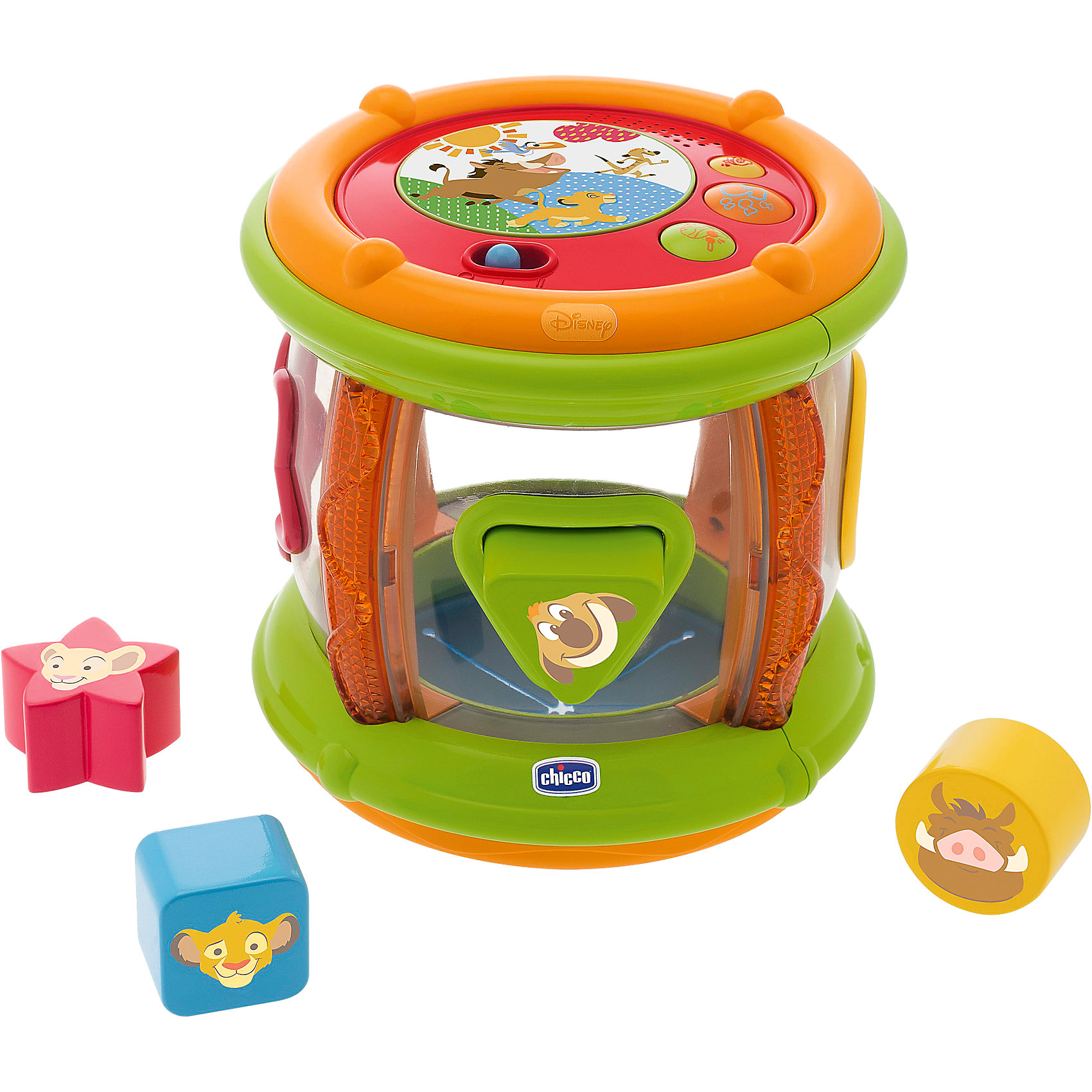 Музыкальный барабан Король Лев, Disney, CHICCO Музыкальный барабан Король Лев, Disney, CHICCOМузыкальный барабан Король Лев, Disney, CHICCO (ЧИКО) – это 3 в 1 электронный барабан, сортер и роллер.<br>Музыкальный барабан от Chicco (Чико) c полюбившимися персонажами из анимационного фильма «Король Лев» перенесет вашего малыша в мир Disney! Игрушка включает в себя три интересные функции. Игрушка-сортер: 4 разноцветные фигурки разной формы нужно вставлять в соответствующие отверстия. Развивает логическое мышление, мелкую моторику и координацию. Музыкальная игрушка: кнопки запускают веселые мелодии, звуковые эффекты и звуки барабана. Развивает слуховое восприятие и музыкальные способности. Игрушка-роллер: благодаря цилиндрической форме игрушку можно катить, и ребенок будет охотно ползать за ней. Влияет на развитие координации и опорно-двигательного аппарата. Поможет малышу научиться ползать. С такой игрушкой ребенку не будет скучно!<br><br>Дополнительная информация:<br><br>- В наборе: барабан, 4 фигурных элемента разной формы<br>- Размер: 18 х 18 х 18 см.<br>- Материал: пластик<br>- Батарейки: 2 x AA 1.5V (входят в комплект)<br><br>Музыкальный барабан Король Лев, Disney, CHICCO (ЧИКО) можно купить в нашем интернет-магазине.<br><br>Ширина мм: 228<br>Глубина мм: 195<br>Высота мм: 199<br>Вес г: 1052<br>Возраст от месяцев: 6<br>Возраст до месяцев: 36<br>Пол: Унисекс<br>Возраст: Детский<br>SKU: 4162849