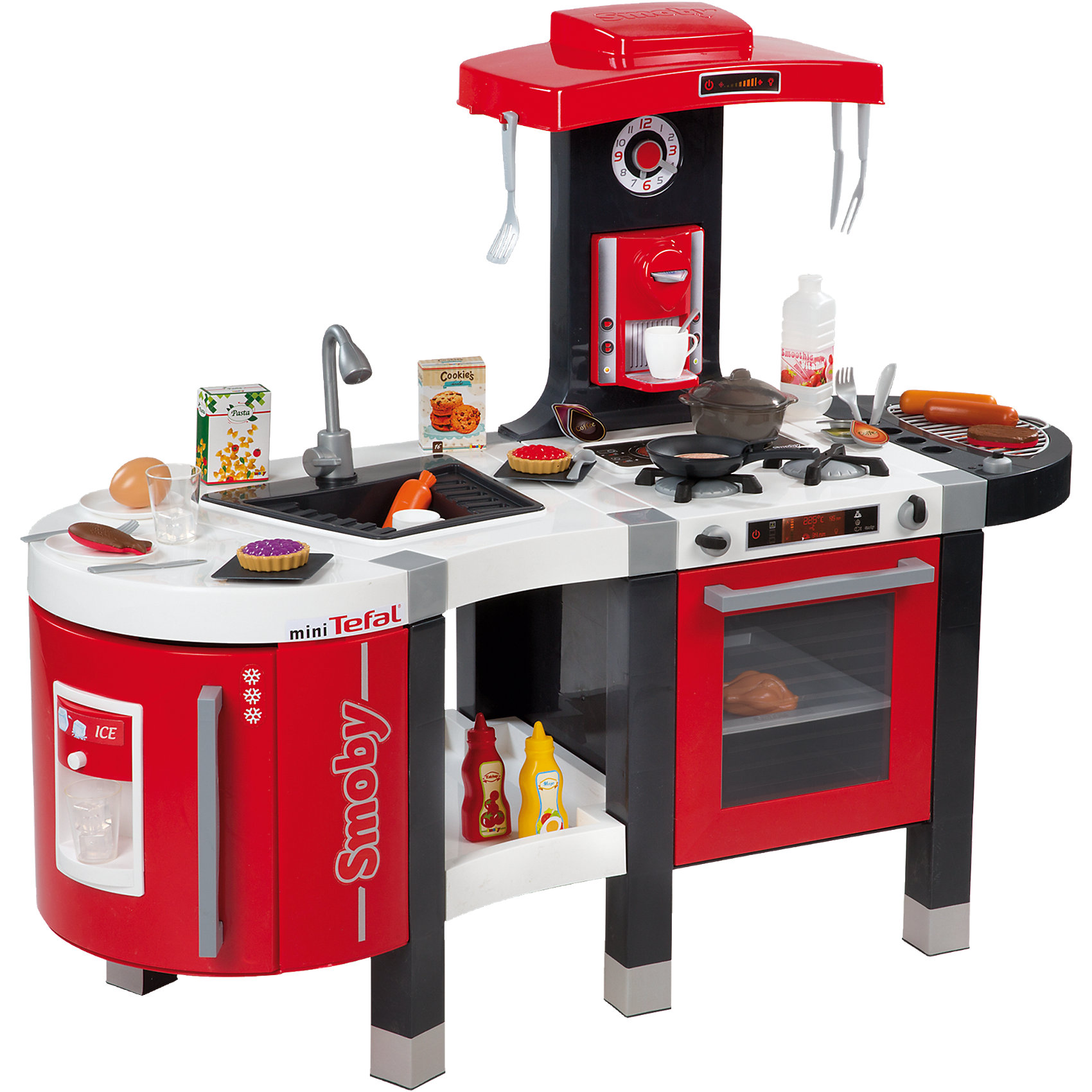 Кухня Tefal Французское прикосновение с водой, 115*41*93 см, Smoby Кухня Tefal Французское прикосновение с водой, 115*41*93 см, SmobyДетские кухни<br>Характеристики:<br><br>• в комплекте: плита с двумя конфорками, духовка, раковина, дозатор для льда, холодильник, кофемашина, вытяжка, гриль, полка, часы;<br>• аксессуары: муляжи продуктов, посуда, столовые приборы, коробочки;<br>• полноценная мойка с краном<br>• имитация вытяжки<br>• размер кухни: 115х41х93 см;<br>• рабочая поверхность: 115 см;<br>• батарейки: CR 2032 - 1 шт. (входит в комплект);<br>• материал: пластик, металл;<br>• размер упаковки: 77х24х79 см;<br>• вес: 7,4 кг;<br>• страна производитель: Франция.<br><br>Кухня Tefal Французское прикосновение с водой - настоящая находка для маленьких хозяек. Кухня содержит всё необходимое для реалистичной игры: плита с двумя конфорками и духовкой, раковина с водой, кофемашина, холодильник, дозатор для льда и много другое. В комплект входят 47 аксессуаров, которым девочка, несомненно, найдет применение на своей кухне.<br><br>Плита с двумя конфорками и духовкой имеет современный вид. Во время игры она издает реалистичные звуки, напоминающие настоящее кипение воды.<br><br>Раковина - важный элемент в каждой кухне. С помощью родителей ребенок сможет налить в раковину воды, чтобы помыть все продукты под краном. В дозатор для льда можно поместить 3 пластиковых кубика. При нажатии на кнопку кубик будет выскакивать прямо в стаканчик.<br><br>Муляжи рыбы и мяса кухни Tefal тоже отличаются оригинальностью. Одна сторона выглядит обжаренной, а другая сырой. Девочка сможет воспользоваться этой особенностью, чтобы понять, как следует готовить данные блюда.<br><br>Сковорода оснащена специальной ручкой, которая сама переворачивает готовящиеся блюда. Для работы необходима батарейка CR 2032 (входит в комплект).<br><br>Кухню Tefal Французское прикосновение с водой, 115*41*93 см, Smoby (Смоби) можно купить в нашем интернет-магазине.<br><br>Ширина мм: 780<br>Глубина мм: 780<br>Высота мм: 240<br>Вес г: 9130<br>Возраст от месяцев: 36<br>Возраст до месяцев: 2147483647<br>Пол: Женский<br>Возраст: Детский<br>SKU: 4173295
