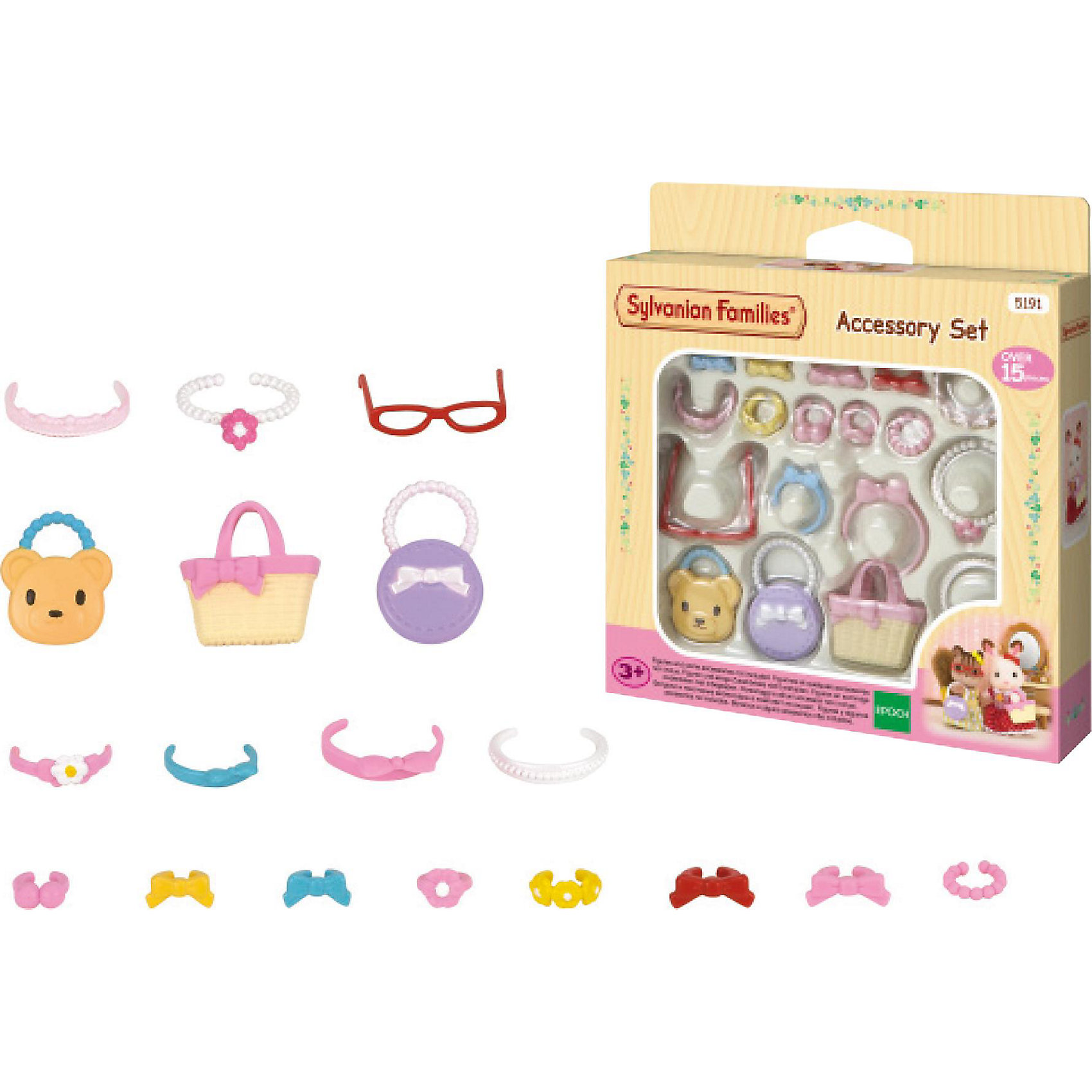 Набор Стильные штучки, Sylvanian Families Набор Стильные штучки, Sylvanian FamiliesSylvanian Families<br>Sylvanian Families (Сильваниан Фэмилис) - целый мир, в котором живут маленькие милые зверята - кролики, белки, медведи, лисы и многие другие. Набор «Стильные штучки» состоит из различных аксессуаров - ободков, заколочек, сумочек. Каждый аксессуар детально продуман, поэтому выглядит очень реалистично. С этим замечательным набором ваши зверята будут самыми красивыми и стильными. Игрушка прекрасно развивает мелкую моторику и воображение. Все детали набора выполнены их высококачественных, нетоксичных безопасных материалов. <br><br>Дополнительная информация:<br><br>- Комплектация: 4 заколки, 4 браслета, 3 сумки, бусы, очки, 3 ободка.<br>- Материал: пластик.<br><br>Набор Стильные штучки, Sylvanian Families (Сильваниан Фэмилис), можно купить в нашем магазине.<br><br>Ширина мм: 330<br>Глубина мм: 276<br>Высота мм: 391<br>Вес г: 76<br>Возраст от месяцев: 36<br>Возраст до месяцев: 72<br>Пол: Женский<br>Возраст: Детский<br>SKU: 4177960