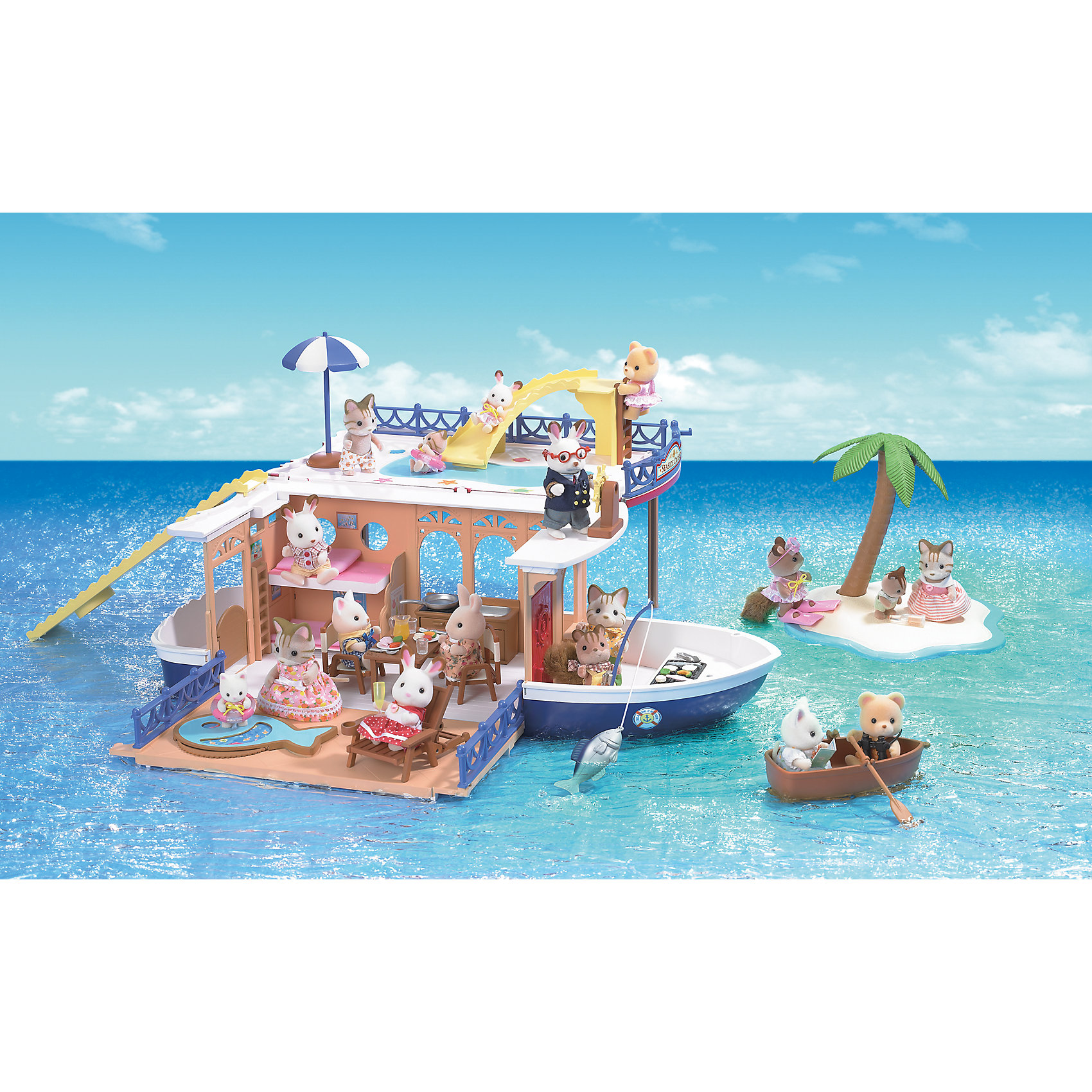 Набор Круизный корабль, Sylvanian Families Набор Круизный корабль, Sylvanian FamiliesИдеи подарков<br>Sylvanian Families (Сильваниан Фэмилис) - целый мир, в котором живут маленькие милые зверята - это кролики, белки, медведи, лисы и многие другие. У каждого из них есть дом и работа. Скорее собирай зверят и отправляйся в круиз на остров. В этом замечательном наборе есть все, для идеального отдыха и морских развлечений! Игрушка прекрасно подходит для сюжетно-ролевых игр детей, развивает мелкую моторику и воображение малышей. Все детали набора выполнены их высококачественных, нетоксичных безопасных материалов. <br><br>Дополнительная информация:<br><br>- Комплектация: корабль, фигурка кролика Марии, шлюпка, весла, кресла, столы, горки, остров с пальмой, солнцезащитный зонт, ограждение, спасательные круги, ласты, рыба, удочка, кухонные принадлежности.<br>- Материал: пластик, текстиль, флок.<br><br>Набор Круизный корабль, Sylvanian Families (Сильваниан Фэмилис), можно купить в нашем магазине.<br><br>Ширина мм: 657<br>Глубина мм: 358<br>Высота мм: 207<br>Вес г: 2517<br>Возраст от месяцев: 36<br>Возраст до месяцев: 144<br>Пол: Женский<br>Возраст: Детский<br>SKU: 4177971