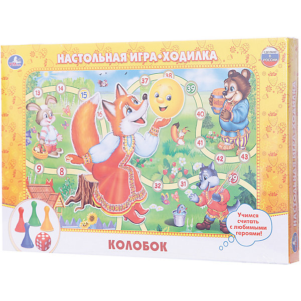 Настольная игра-ходилка Колобок, Умка Настольная игра-ходилка Колобок, УмкаНастольные игры ходилки<br>Настольная игра-ходилка Колобок, Умка – это отличный подарок для любознательных малышей!<br>Настольная игра-ходилка Колобок основана на сюжете одноименной сказки. Красочное игровое поле привлечёт внимание ребенка, а любимые герои познакомят его с числами и обучат порядковому счету. Для начала игры нужно разложить игровое поле и установить фишки на стартовую позицию. Затем участники по очереди бросают кубик: тот, кому выпало больше точек, ходит первым. Ход передается по часовой стрелке и состоит из броска кубика и перемещения фишки на соответствующее число шагов. По пути могут встречаться препятствия: надо будет вернуться назад, либо пропустить ход. Тот, кто первый дойдет до финиша, будет считаться победителем. Ваш ребенок с удовольствием будет играть и учится с игрой-ходилкой Колобок от популярного бренда «Умка».<br><br>Дополнительная информация:<br><br>- В комплекте: игровое поле по мотивам сказки Колобок, игральный кубик, 4 фишки<br>- Количество игроков: от 2 до 4<br>- Материал: картон, пластик<br>- Размер коробки: 3 x 33 x 22 см.<br>- Вес: 150 гр.<br><br>Настольную игру-ходилку Колобок, Умка можно купить в нашем интернет-магазине.<br><br>Ширина мм: 580<br>Глубина мм: 340<br>Высота мм: 240<br>Вес г: 150<br>Возраст от месяцев: 36<br>Возраст до месяцев: 96<br>Пол: Унисекс<br>Возраст: Детский<br>SKU: 4185284