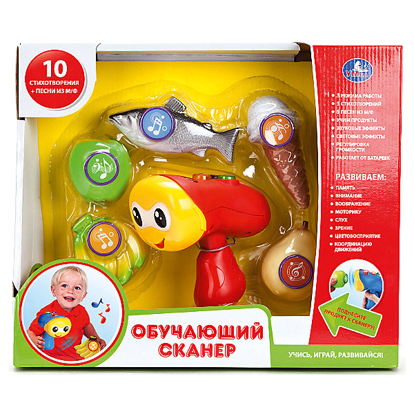 Обучающий сканер с аксессуарами, озвученный (стихи, песни), со светом , Умка Обучающий сканер с аксессуарами, озвученный (стихи, песни), со светом , УмкаИгрушечные продукты питания<br>Обучающий сканер с аксессуарами, озвученный (стихи, песни), со светом , Умка – игрушка подарит малышу много прекрасных и радостных моментов.<br>С помощью обучающего сканера от известной российской компании «Умка» ребенок сможет представить себя кассиром супермаркета, оснащенного по последнему слову техники, и выучит названия некоторых продуктов. Помимо сканера, в комплекте есть игрушечные продукты, которые выглядят очень реалистично. Поднося сканер к продуктам, ребенок услышит их названия. Кроме того, волшебный сканер расскажет ребенку 5 веселых стишков о продуктах и споет 5 песенок из известных мультфильмов. Имеется возможность регулировки громкости, поэтому играть со сканером можно даже вечером, не боясь побеспокоить соседей. Игрушка развивает память, внимание, воображение, моторику, слух, зрение, цветовосприятие, координацию движений.<br><br>Дополнительная информация:<br><br>- Комплектация: сканер, мороженое, рыбка, груша, яблоко, связка бананов<br>- Материал: пластик<br>- Батарейки: 3 х AAA / LR03 1.5V мизинчиковые (входят в комплект)<br>- Длина сканера: 12 см.<br>- Размер: 9 x 31 x 26 см.<br><br>Обучающий сканер с аксессуарами, озвученный (стихи, песни), со светом , Умка можно купить в нашем интернет-магазине.<br><br>Ширина мм: 600<br>Глубина мм: 580<br>Высота мм: 350<br>Вес г: 730<br>Возраст от месяцев: 36<br>Возраст до месяцев: 120<br>Пол: Унисекс<br>Возраст: Детский<br>SKU: 4185293