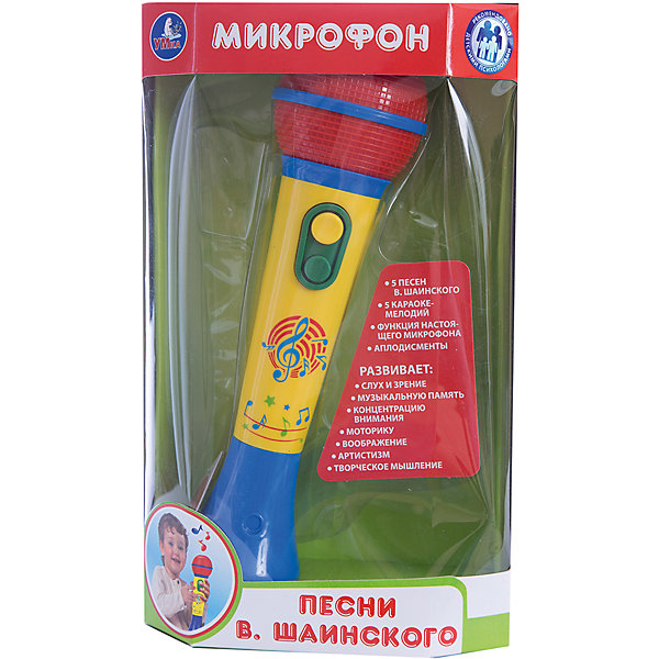 Микрофон с песнями В.Шаинского (5 песен, 5 мелодий), Умка Микрофон с песнями В.Шаинского (5 песен, 5 мелодий), УмкаДетские музыкальные инструменты<br>Микрофон с песнями В. Шаинского (5 песен, 5 мелодий), Умка – игрушка подарит малышу много прекрасных и радостных моментов.<br>Этот развивающий и очень внешне привлекательный микрофон познакомит ребенка с миром музыки и звуков и просто доставит ему много радости. Он имеет функцию настоящего микрофона, функцию аплодисменты, 5 песен В.Шаинского и 5 караоке-мелодий. Благодаря своей форме микрофон прекрасно ляжет, даже в самую маленькую ручку и ребенку будет удобно одновременно нажимать на кнопочки управления игрушкой. А функция караоке станет настоящим праздником для ребенка, который любит петь. Нажимая на кнопки, слушая веселые песенки и забавные мелодии, ваш малыш проведет время увлекательно и с пользой. Игра с этим микрофоном развивает слух, зрение, музыкальную память, концентрацию внимания, моторику, воображение, артистизм, творческое мышление.<br><br>Дополнительная информация:<br><br>- Материал: пластик<br>- Работает от батареек (входят в комплект)<br>- Размер упаковки: 27 x 8 x 16 см.<br><br>Микрофон с песнями В.Шаинского (5 песен, 5 мелодий), Умка можно купить в нашем интернет-магазине.<br><br>Ширина мм: 830<br>Глубина мм: 480<br>Высота мм: 590<br>Вес г: 340<br>Возраст от месяцев: 36<br>Возраст до месяцев: 84<br>Пол: Унисекс<br>Возраст: Детский<br>SKU: 4185308