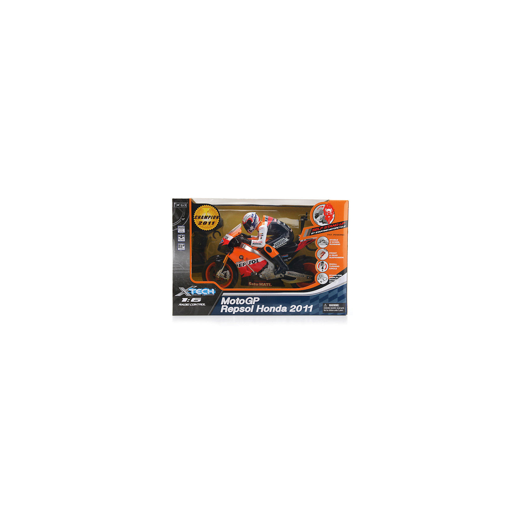 Mотоцикл Moto GP REPSOL HONDA 201, 1:6, на р/у Mотоцикл Moto GP REPSOL HONDA 201, 1:6, на р/уКоллекционные модели<br>Mотоцикл Moto GP REPSOL HONDA 201, 1:6, на р/у – это великолепный мотоцикл яркой расцветки, реальный прототип настоящего мотоцикла.<br>Радиоуправляемая модель крутого мотоцикла МotoGP Repsol Honda 2011 с фигуркой мотоциклиста станет приятным подарком для настоящего гонщика. С этой моделью мальчик сможет выполнять крутые виражи и практиковаться в развитии скорости на гладких поверхностях. Модель управляется при помощи дистанционного пульта. Все детали проработаны до мелочей, отличная прокраска как мелких, так и крупных элементов.<br><br>Дополнительная информация:<br><br>- Цвет: комбинированный: белый, оранжевый, черный<br>- Масштаб: 1:6<br>- В комплекте: мотоцикл с фигуркой, пульт управления<br>- Батарейки: 6 x AA (в комплект не входят)<br>- Материал: пластик<br>- Размер игрушки: 18 x 42 x 28 см.<br><br>Mотоцикл Moto GP REPSOL HONDA 201, 1:6, на р/у можно купить в нашем интернет-магазине.<br><br>Ширина мм: 580<br>Глубина мм: 450<br>Высота мм: 600<br>Вес г: 1900<br>Возраст от месяцев: 36<br>Возраст до месяцев: 192<br>Пол: Мужской<br>Возраст: Детский<br>SKU: 4185317