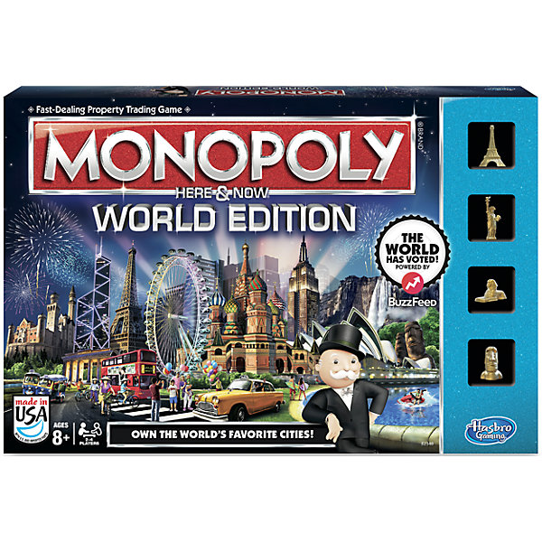 Монополия Здесь и Сейчас. Всемирное издание, Hasbro Монополия Здесь и Сейчас. Всемирное издание, HasbroЭкономические настольные игры<br>Монополия Здесь и Сейчас. Всемирное издание, Hasbro (Хасбро) – это классическая настольная игра в обновленном виде. Монополия Здесь и Сейчас. Всемирное издание создана по итогам голосования в интернете миллионов поклонников этой замечательной игры. Пользователям было предложено выбрать самые значимые географические названия, места и мировые памятники, которые появятся на игровых карточках. Благодаря чему в игре появились: Колизей, Тадж-Махал, Статуя Свободы, Эйфелева башня и многие другие удивительные строения со всего мира! Фишки, банковский терминал и пластиковые карты также выполнены в виде победивших достопримечательностей. Сам процесс игры и правила остались прежними: благодаря везению, логики и стратегии стать самым влиятельным и богатым игроком! <br> <br>Комплектация: игровое поле, банковский терминал, 30 игральных фишек, 28 карточек на право собственности, 16 карточек Шанс, 16 карточек Общественная казна, 6 банковских карточек, 32 дома, 12 отелей, 2 игральных кубика, инструкция <br><br>Дополнительная информация:<br>-Количество предполагаемых игроков: 2-4 человека<br>-Материалы: картон, пластмасса<br><br>Если Монополия, пожалуй, самая популярная экономическая настольная игра в мире, то Монополия Здесь и Сейчас. Всемирное издание станет эксклюзивным подарком и увлекательно игрой для Вашей семьи, друзей или коллег!<br><br>Игру Монополия Здесь и Сейчас. Всемирное издание, Hasbro (Хасбро) можно купить в нашем магазине.<br><br>Ширина мм: 50<br>Глубина мм: 400<br>Высота мм: 267<br>Вес г: 1110<br>Возраст от месяцев: 96<br>Возраст до месяцев: 1188<br>Пол: Унисекс<br>Возраст: Детский<br>SKU: 4188589