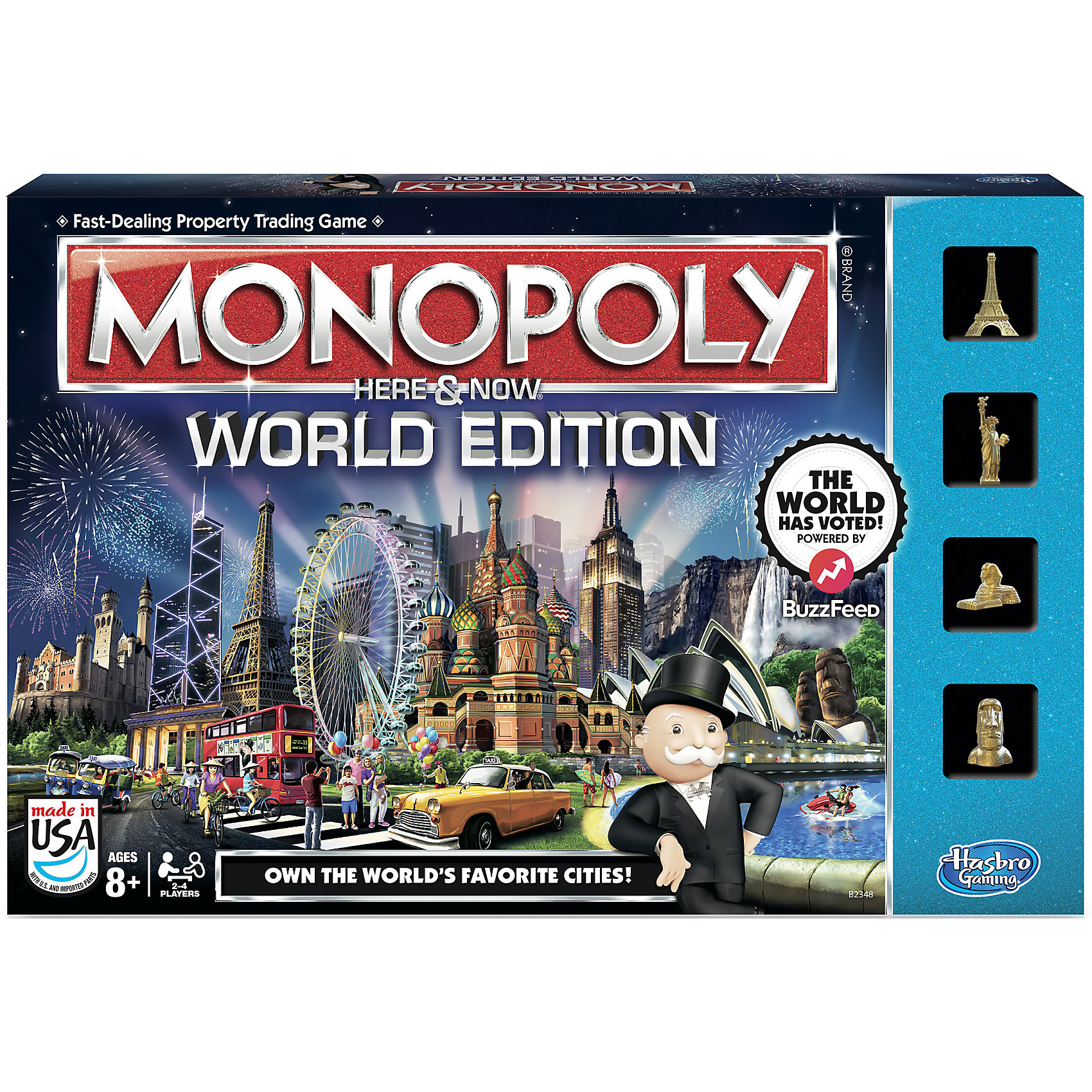 Монополия Здесь и Сейчас. Всемирное издание, Hasbro Монополия Здесь и Сейчас. Всемирное издание, HasbroИгры для развлечений<br>Монополия Здесь и Сейчас. Всемирное издание, Hasbro (Хасбро) – это классическая настольная игра в обновленном виде. Монополия Здесь и Сейчас. Всемирное издание создана по итогам голосования в интернете миллионов поклонников этой замечательной игры. Пользователям было предложено выбрать самые значимые географические названия, места и мировые памятники, которые появятся на игровых карточках. Благодаря чему в игре появились: Колизей, Тадж-Махал, Статуя Свободы, Эйфелева башня и многие другие удивительные строения со всего мира! Фишки, банковский терминал и пластиковые карты также выполнены в виде победивших достопримечательностей. Сам процесс игры и правила остались прежними: благодаря везению, логики и стратегии стать самым влиятельным и богатым игроком! <br> <br>Комплектация: игровое поле, банковский терминал, 30 игральных фишек, 28 карточек на право собственности, 16 карточек Шанс, 16 карточек Общественная казна, 6 банковских карточек, 32 дома, 12 отелей, 2 игральных кубика, инструкция <br><br>Дополнительная информация:<br>-Количество предполагаемых игроков: 2-4 человека<br>-Материалы: картон, пластмасса<br><br>Если Монополия, пожалуй, самая популярная экономическая настольная игра в мире, то Монополия Здесь и Сейчас. Всемирное издание станет эксклюзивным подарком и увлекательно игрой для Вашей семьи, друзей или коллег!<br><br>Игру Монополия Здесь и Сейчас. Всемирное издание, Hasbro (Хасбро) можно купить в нашем магазине.<br><br>Ширина мм: 50<br>Глубина мм: 400<br>Высота мм: 267<br>Вес г: 1110<br>Возраст от месяцев: 96<br>Возраст до месяцев: 1188<br>Пол: Унисекс<br>Возраст: Детский<br>SKU: 4188589