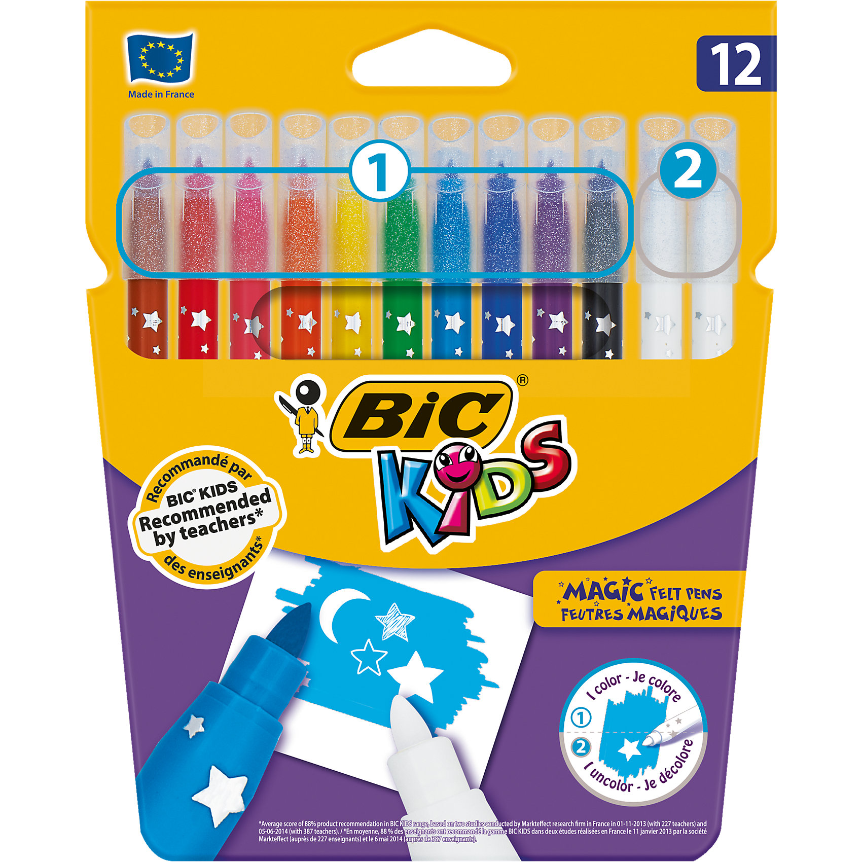 Фломастеры Bic Magic смываемые (10 цветов + 2 обесцвечивающих) Фломастеры Bic Magic смываемые (10 цветов + 2 обесцвечивающих)Письменные принадлежности<br>Фломастеры BIC KIDS MAGIC на водной основе (без спирта) имеют специальные чернила позволяют исправлять ошибки и создавать специальные эффекты. Быстро смывается с рук и одежды. Линии средней толщины – 0.8 мм. Блокированный пишущий узелчто позволяет грифелю не вдавливаться даже при сильном детском нажатии. Сделаны во Франции. В упаковке 10 цветов + 2 белых фломастера.<br><br>Ширина мм: 186<br>Глубина мм: 147<br>Высота мм: 15<br>Вес г: 92<br>Возраст от месяцев: 60<br>Возраст до месяцев: 96<br>Пол: Унисекс<br>Возраст: Детский<br>SKU: 4231709