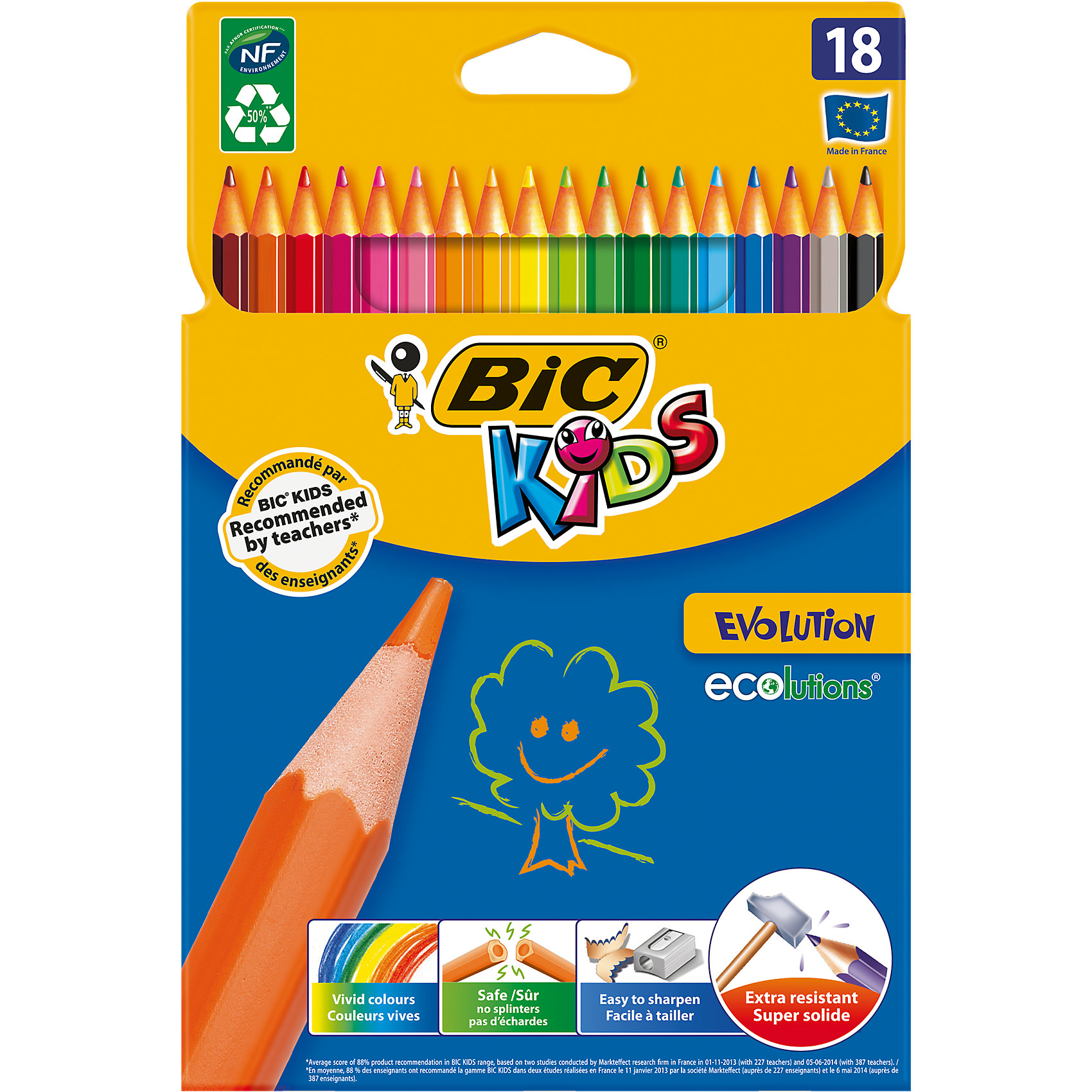 Карандаши цветные BIC Evolution, 18 цветов Карандаши цветные BIC Evolution, 18 цветовРисование<br>Набор цветных карандашей BIC KIDS Evolution, 18 цветов. Яркие цвета, мягкий грифель. Корпус карандашей - пластиковый. Карандаш гнется, на сломе нет острых краев. Классический шестигранный корпус. Легко затачиваются.<br><br>Ширина мм: 210<br>Глубина мм: 139<br>Высота мм: 13<br>Вес г: 114<br>Возраст от месяцев: 60<br>Возраст до месяцев: 96<br>Пол: Унисекс<br>Возраст: Детский<br>SKU: 4231712