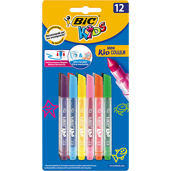 Фломастеры BIC Mini Kid Couleur, 12 цветов Фломастеры BIC Mini Kid Couleur, 12 цветовФломастеры<br>Цветные фломастеры на водной основе BIC KIDS Mini KID COULEUR, имеют вентилируемый колпачок, ультра-смываемые и яркие.<br>Блокированный средний пишущий узел, что позволяет грифелю не вдавливаться даже при сильном детском нажатии. Идеально подходят для раскрашивания & рисования. 12 цветов. Целевая группа : 3-8 лет. Сделаны во Франции. В упаковке 12 фломастеров мини формата.<br><br>Ширина мм: 202<br>Глубина мм: 101<br>Высота мм: 25<br>Вес г: 68<br>Возраст от месяцев: 36<br>Возраст до месяцев: 60<br>Пол: Унисекс<br>Возраст: Детский<br>SKU: 4231718