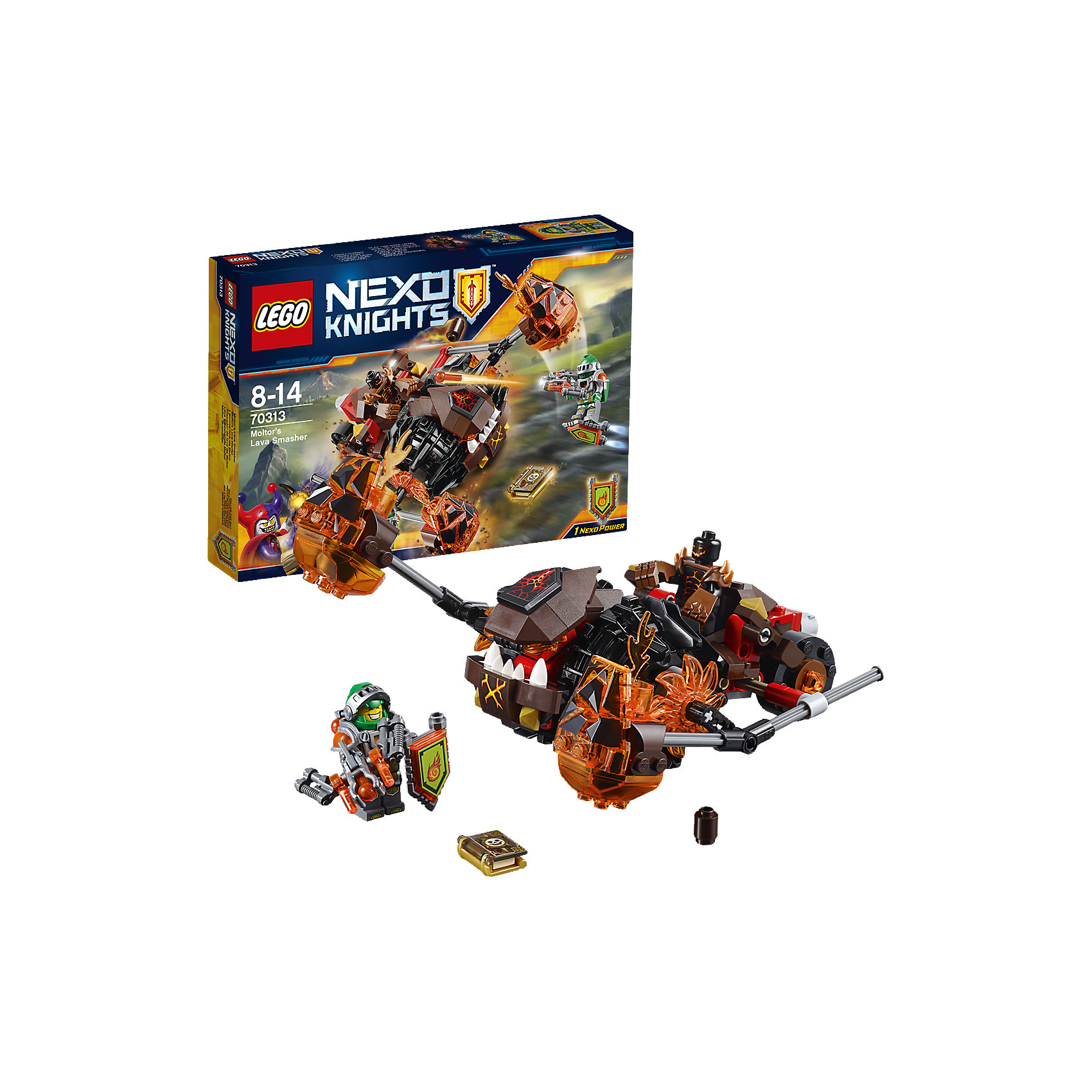 LEGO NEXO KNIGHTS 70313: Лавинный разрушитель Молтора LEGO NEXO KNIGHTS 70313: Лавинный разрушитель МолтораГонка началась! Молтор спешит за Книгой Хаоса на своем Лавинном разрушителе — но не он один! Арон Фокс мчится туда же на летающем щите! Заставь гигантские каменные кулаки лавинного разрушителя сбить рыцаря со своего ховерборда и сорвать его планы. Установи катапульту и начни метать расплавленные камни, но берегись рыцаря и его Сверкающего лука. <br><br>LEGO Nexo Knights ( ЛЕГО Нексо Найт) - это невероятный мир прогресса и новых технологий, в котором все же нашлось место для настоящих рыцарей, магии и волшебства. Удивительное сочетание футуризма и средневековой романтики увлекает и детей, и взрослых, а множество наборов серии и высокая детализация позволяют создать свой волшебный мир Nexo Knights!<br><br>Дополнительная информация:<br><br>- Конструкторы ЛЕГО развивают усидчивость, внимание, фантазию и мелкую моторику. <br>- 2 фигурки: Аарон, Молтор.<br>- Комплектация: 2 фигурки, Книга Хаоса, щит для сканирования с НЕКСО Силой «Огненный Шар», разрушитель.<br>- Количество деталей: 187.<br>- Серия LEGO Nexo Knights (ЛЕГО Нексо Найт).<br>- Материал: пластик.<br>- Размер разрушителя Молтора в собранном виде: 12х18х15 см.<br>- Размер упаковки: 26х4,6х19 см.<br>- Вес: 0.31 кг.<br><br>LEGO NEXO KNIGHTS 70313: Лавинный разрушитель Молтора можно купить в нашем магазине.<br><br>Ширина мм: 263<br>Глубина мм: 190<br>Высота мм: 48<br>Вес г: 301<br>Возраст от месяцев: 96<br>Возраст до месяцев: 168<br>Пол: Мужской<br>Возраст: Детский<br>SKU: 4258998