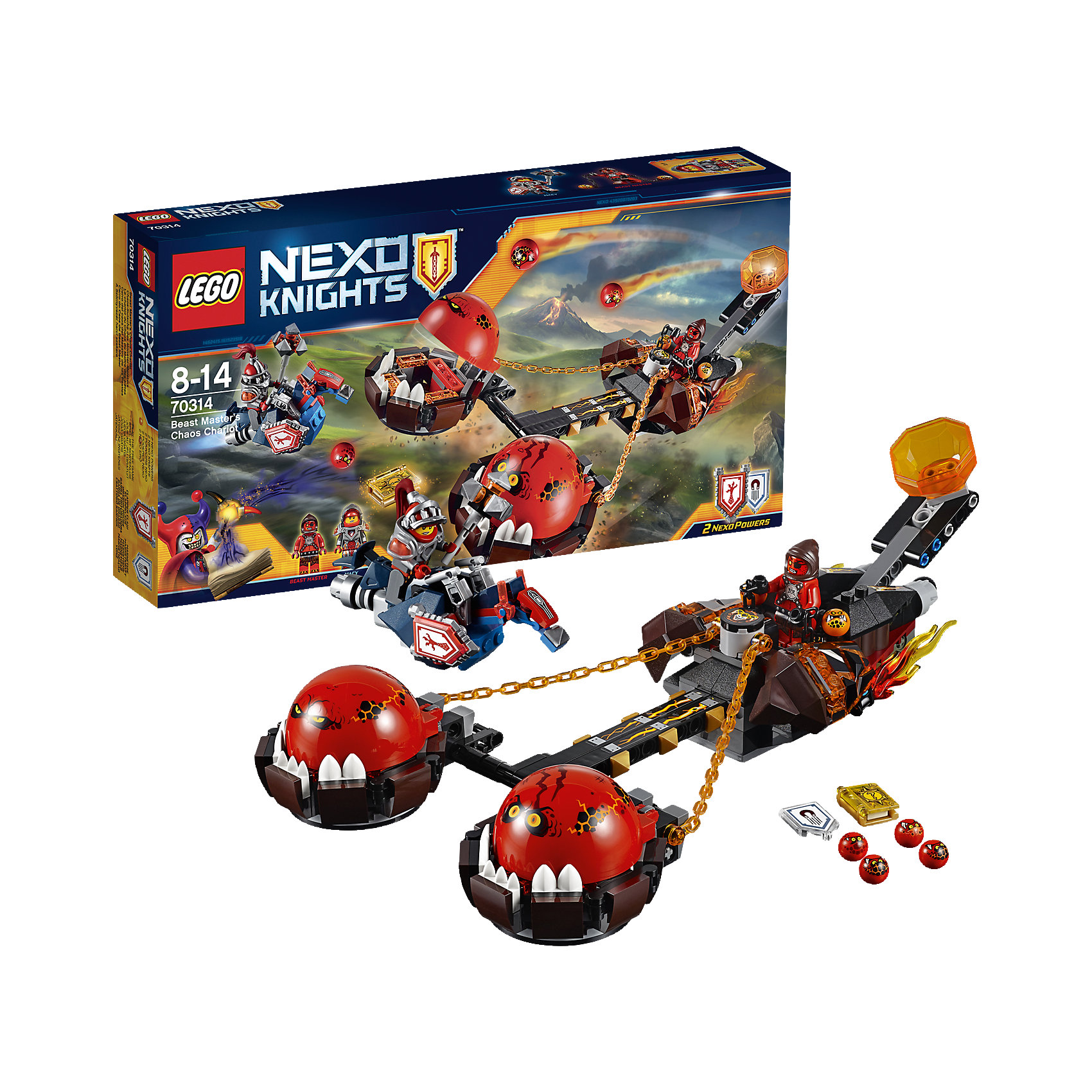 LEGO NEXO KNIGHTS 70314: Безумная колесница Укротителя LEGO NEXO KNIGHTS 70314: Безумная колесница УкротителяПластмассовые конструкторы<br>Останови Укротителя! Джестер отправил зловещую армию захватить колдовские книги темных заклинаний, рассредоточенные по королевству Найтония. Мейси должна первой добраться до Книги Лжи на своем Парящем коне, пока они не попала в руки Укротителя! Берегись голодных глоблинов?великанов и не попадись им в зубы. <br><br>LEGO Nexo Knights ( ЛЕГО Нексо Найт) - это невероятный мир прогресса и новых технологий, в котором все же нашлось место для настоящих рыцарей, магии и волшебства. Удивительное сочетание футуризма и средневековой романтики увлекает и детей, и взрослых, а множество наборов серии и высокая детализация позволяют создать свой волшебный мир Nexo Knights!<br><br>Дополнительная информация:<br><br>- Конструкторы ЛЕГО развивают усидчивость, внимание, фантазию и мелкую моторику. <br>- 2 фигурки.<br>- Комплектация: 2 фигурки, колесница, конь, аксессуары, Книга Лжи и 2 щита для сканирования с НЕКСО Силами: «Драконий Коготь» и «Намагничивание». <br>- Количество деталей: 314.<br>- Серия LEGO Nexo Knights (ЛЕГО Нексо Найт).<br>- Материал: пластик.<br>- Размер колесницы в собранном виде: 9х31х12 см.<br>- Размер Парящего коня принцессы Мэйси: 4х10х5 см.<br>- Размер упаковки: 35,4х6х19 см.<br>- Вес: 0.44 кг.<br><br>LEGO NEXO KNIGHTS 70314: Безумная колесница Укротителя можно купить в нашем магазине.<br><br>Ширина мм: 356<br>Глубина мм: 190<br>Высота мм: 63<br>Вес г: 466<br>Возраст от месяцев: 96<br>Возраст до месяцев: 168<br>Пол: Мужской<br>Возраст: Детский<br>SKU: 4258999
