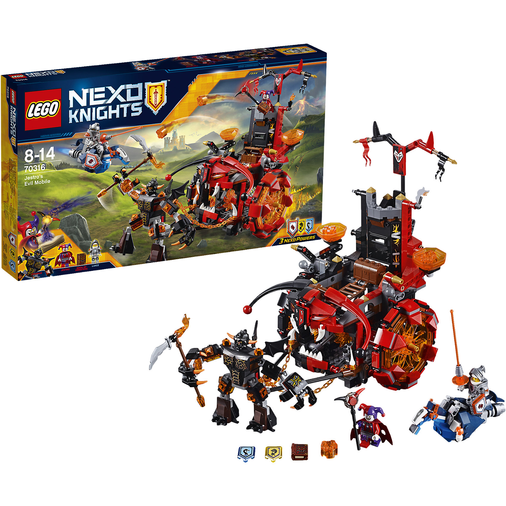 LEGO NEXO KNIGHTS 70316: Джестро-мобиль LEGO NEXO KNIGHTS 70316: Джестро-мобильПластмассовые конструкторы<br>Лансу Ричмонду предстоит эпическая битва! Запрыгивай на Парящего коня и разбей громадного Спаркса! Берегись Джестро, прячущегося в своем Джестро-мобиле, не попадись в ловушку и не загреми в тюрьму. Стащи Книгу Монстров прямо из-под носа Джестро и не дай ему собрать свою ужасающую армию! <br><br>LEGO Nexo Knights ( ЛЕГО Нексо Найт) - это невероятный мир прогресса и новых технологий, в котором все же нашлось место для настоящих рыцарей, магии и волшебства. Удивительное сочетание футуризма и средневековой романтики увлекает и детей, и взрослых, а множество наборов серии и высокая детализация позволяют создать свой волшебный мир Nexo Knights!<br><br>Дополнительная информация:<br><br>- Конструкторы ЛЕГО развивают усидчивость, внимание, фантазию и мелкую моторику. <br>- 2 минифигурки с оружием и аксессуарами: Джестро и Ланс.<br>- Комплектация: 2 фигурки, колесница, циклоп, аксессуары, 3 щита для сканирования с НЕКСО Силами: «Клонирование», «Мощный Удар» и «Морской Дракон».<br>- Количество деталей: 658<br>- Серия LEGO Nexo Knights (ЛЕГО Нексо Найт).<br>- Материал: пластик.<br>- Размер колесницы в собранном виде: 25х26х17 см.<br>- Размер циклопа Спаркса: 10 см.<br>- Размер Парящего коня: 4х10х5 см.<br>- Размер упаковки: 48х6х28 см.<br>- Вес: 0.75 кг.<br><br>LEGO NEXO KNIGHTS 70316: Джестро-мобиль можно купить в нашем магазине.<br><br>Ширина мм: 483<br>Глубина мм: 278<br>Высота мм: 66<br>Вес г: 926<br>Возраст от месяцев: 96<br>Возраст до месяцев: 168<br>Пол: Мужской<br>Возраст: Детский<br>SKU: 4259001