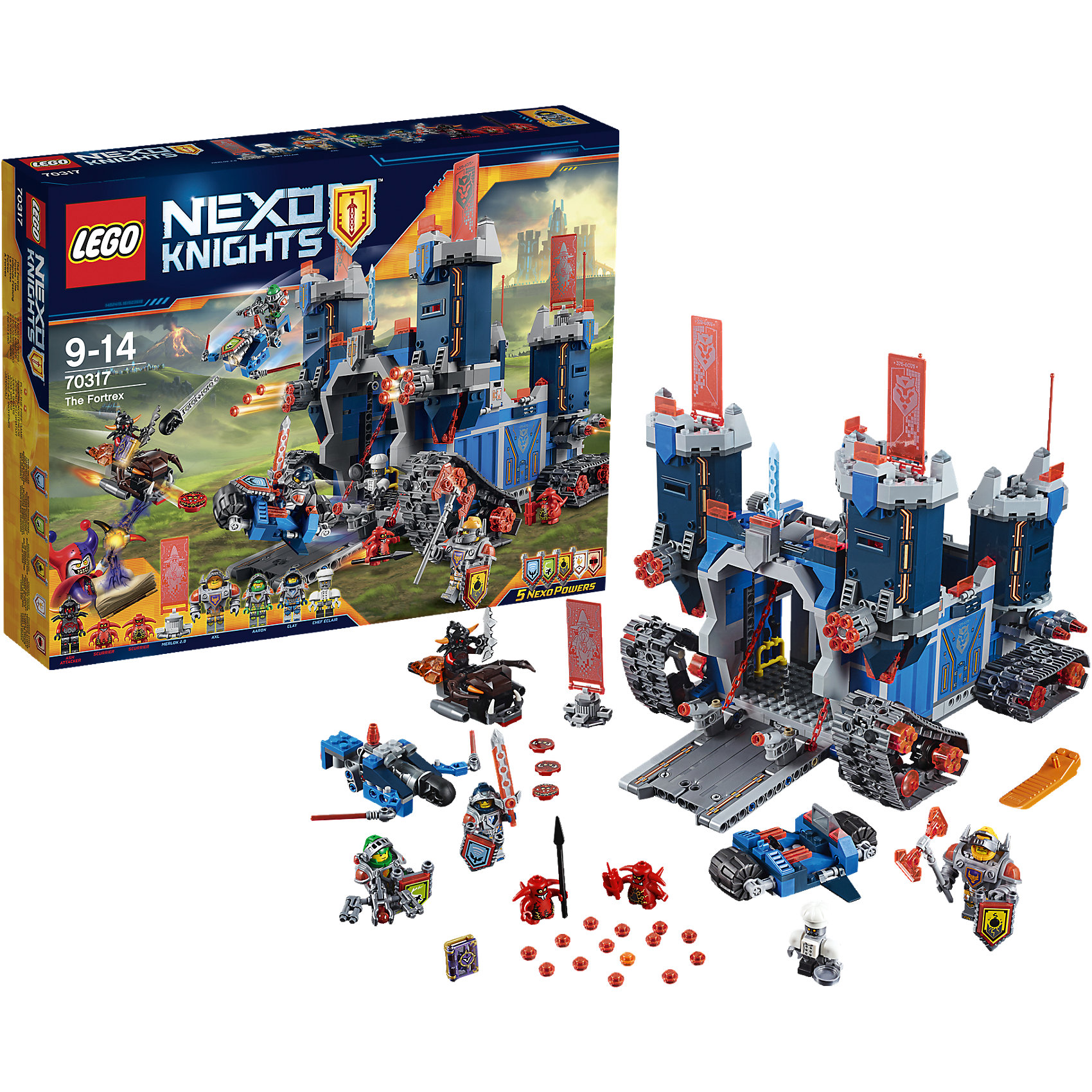 LEGO NEXO KNIGHTS 70317: Фортрекс - мобильная крепость LEGO NEXO KNIGHTS 70317: Фортрекс - мобильная крепостьПластмассовые конструкторы<br>Когда Джестро угрожает Найтонии, рыцари LEGO NEXO KNIGHTS встают на защиту королевства! Отправь в бой Фортрекс, огромную мобильную крепость! Захвати в плен Пеплометателя и Шустриков с помощью рыцарского мотоцикла и Аэромолота V1. Штаб рыцарей, оснащённый по последнему слову техники, находится за раскладными стенами. Получи указания от Мерлока 2.0 и составь план следующей миссии за круглым столом — вместе вы сможете остановить Джестро и не дать ему завладеть Книгой Зла. <br><br>LEGO Nexo Knights ( ЛЕГО Нексо Найт) - это невероятный мир прогресса и новых технологий, в котором все же нашлось место для настоящих рыцарей, магии и волшебства. Удивительное сочетание футуризма и средневековой романтики увлекает и детей, и взрослых, а множество наборов серии и высокая детализация позволяют создать свой волшебный мир Nexo Knights!<br><br>Дополнительная информация:<br><br>- Конструкторы ЛЕГО развивают усидчивость, внимание, фантазию и мелкую моторику. <br>- 7 минифигурок с оружием и аксессуарами: Клэй, Аарон, Аксель, шеф-повар Эклер, Пеплометатель и 2 Шустрика.<br>- Комплектация: 7 фигурок, 5 щитов для сканирования, дающих NEXO Силы: Сила земли, Сверхскорость, Клич Ястреба, Куриная Атака и Электрическая Атака, крепость, спидер, мотоцикл.<br>- Количество деталей: 1140.<br>- Серия LEGO Nexo Knights (ЛЕГО Нексо Найт).<br>- Материал: пластик.<br>- Размер крепости в распахнутом виде: 25х37х23 см.<br>- Размер мотоцикла Клэя: 3х9х7 см.<br>- Размер Аэромолота V1 Аарона:5х10х13 см.<br>- Размер огненного спидера Пеплометателя: 4х10х3 см.<br>- Размер упаковки: 48х9,5х38 см.<br>- Вес: 1.7 кг.<br><br>LEGO NEXO KNIGHTS 70317: Фортрекс - мобильная крепость можно купить в нашем магазине.<br><br>Ширина мм: 483<br>Глубина мм: 375<br>Высота мм: 101<br>Вес г: 1770<br>Возраст от месяцев: 96<br>Возраст до месяцев: 168<br>Пол: Мужской<br>Возраст: Детский<br>SKU: 4259002