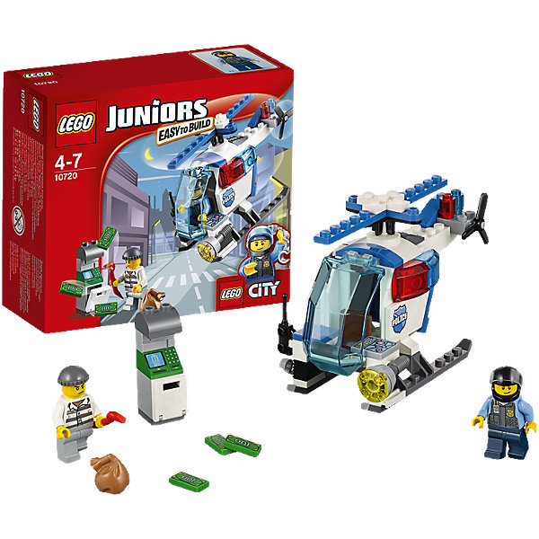 LEGO Juniors 10720: Погоня на полицейском вертолёте LEGO Juniors 10720: Погоня на полицейском вертолётеПластмассовые конструкторы<br>Патрулируй небо над городом на полицейском вертолете LEGO Juniors! Найди вора, который пытается ограбить банкомат, а затем лети вниз и поймай его с поличным. Помогай полиции служить и защищать. LEGO Juniors дарит отличный опыт конструирования!<br><br>LEGO Juniors (ЛЕГО Джуниорс) - серия конструкторов для детей от 4 до 7 лет. Размер кубиков и деталей соответствует обычным размерам, при этом наборы очень просты в сборке. Понятные инструкции позволяют детям быстро получить результат и приступить к игре. Конструкторы этой серии прекрасно детализированы, яркие, прочные, имеют множество различных сюжетов - идеально подходят для реалистичных и познавательных игр.<br><br>Дополнительная информация:<br><br>- Конструкторы ЛЕГО развивают усидчивость, внимание, фантазию и мелкую моторику. <br>- Комплектация: 2 минифигурки, банкомат, вертолет, аксессуары.<br>- В комплекте 2 фигурки: полицейский, преступник.<br>- Количество деталей: 63 шт.<br>- Серия ЛЕГО Джуниорс (LEGO Juniors ).<br>- Материал: пластик.<br>- Размер упаковки: 15х14х6 см.<br>- Вес: 0,139 кг.<br><br>Конструктор LEGO Juniors 10720: Погоня на полицейском вертолёте можно купить в нашем магазине.<br><br>Ширина мм: 162<br>Глубина мм: 142<br>Высота мм: 63<br>Вес г: 141<br>Возраст от месяцев: 48<br>Возраст до месяцев: 84<br>Пол: Мужской<br>Возраст: Детский<br>SKU: 4259016