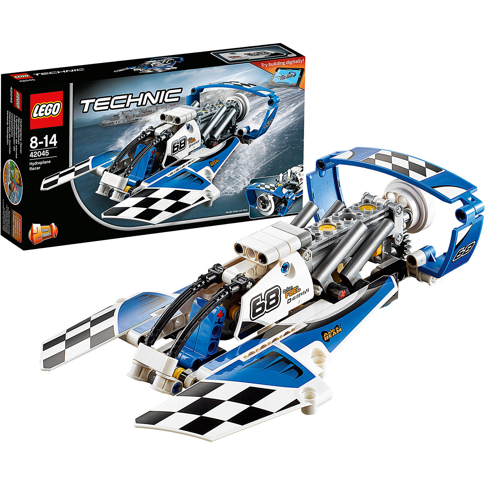 LEGO Technic 42045: Гоночный гидроплан LEGO Technic 42045: Гоночный гидропланПластмассовые конструкторы<br>Характеристики товара:<br><br>• возраст: от 8 лет;<br>• материал: пластик;<br>• в комплекте: 180 деталей, наклейки, инструкция;<br>• размер упаковки: 26х14х5 см;<br>• вес упаковки: 285 гр.;<br>• страна производитель: Китай.<br><br>Конструктор Lego Technic «Гоночный гидроплан» позволит увлекательно провести время, собирая вместе все детали в модели. Из элементов конструктора можно собрать сразу 2 модели: гоночный гидроплан и гоночный катер. Каждая модель оснащена кабиной для капитана с открывающимися дверями. На катере и гидроплане расположен двигатель, приводящий в движение винт и поршни.<br><br>В наборе наклейки, с помощью которых украшается каждая модель. Для планшета и смартфона предусмотрена бесплатная 3D инструкция по сборке, которая поможет детям без труда собрать катер и гидроплан. С готовыми моделями мальчишки могут устроить невероятные заезды и захватывающие гонки. Сборка конструктора развивает у детей усидчивость, внимательность и логическое мышление.<br><br>Конструктор Lego Technic «Гоночный гидроплан» можно приобрести в нашем интернет-магазине.<br><br>Ширина мм: 265<br>Глубина мм: 142<br>Высота мм: 53<br>Вес г: 307<br>Возраст от месяцев: 96<br>Возраст до месяцев: 2147483647<br>Пол: Мужской<br>Возраст: Детский<br>SKU: 4259018