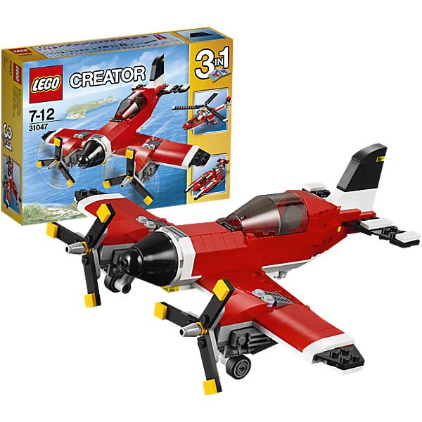 LEGO Creator 31047: Путешествие по воздуху LEGO Creator 31047: Путешествие по воздухуКонструкторы Лего<br>Испытай этот классический самолёт, раскрашенный в красный, белый и черный цвета и оснащённый вращающимися винтами и открывающейся кабиной с местом для минифигурки (не входит в комплект). Прыгай в кабину, оставь взлётную полосу внизу и взлетай под облака. Когда полёт закончится, выпускай шасси, чтобы совершить идеальную посадку! Перестрой модель в высокотехнологичный гидроплан или вертолёт.<br><br>LEGO Creator (Лего Криэйтор) - серия конструкторов Лего, с помощью которых можно создать самые невероятные и детализированные постройки, оригинальных героев, необыкновенные транспортные средства. Из деталей одного набора можно построить несколько разных моделей. С конструкторами Лего Криэйтор ребёнок сможет каждый день придумывать новые игровые сюжеты, создавать фантастический мир, воплощая фантазии в реальность. <br><br>Дополнительная информация:<br><br>- Конструкторы ЛЕГО развивают усидчивость, внимание, фантазию и мелкую моторику. <br>- Комплектация: самолет.<br>- Количество деталей: 230<br>- Серия LEGO Creator (Лего Криэйтор).<br>- Материал: пластик.<br>- Размер упаковки: 26х6х19 см.<br>- Вес: 0.402 кг.<br><br>LEGO Creator 31047: Путешествие по воздуху можно купить в нашем магазине.<br><br>Ширина мм: 263<br>Глубина мм: 190<br>Высота мм: 66<br>Вес г: 412<br>Возраст от месяцев: 84<br>Возраст до месяцев: 144<br>Пол: Мужской<br>Возраст: Детский<br>SKU: 4259024