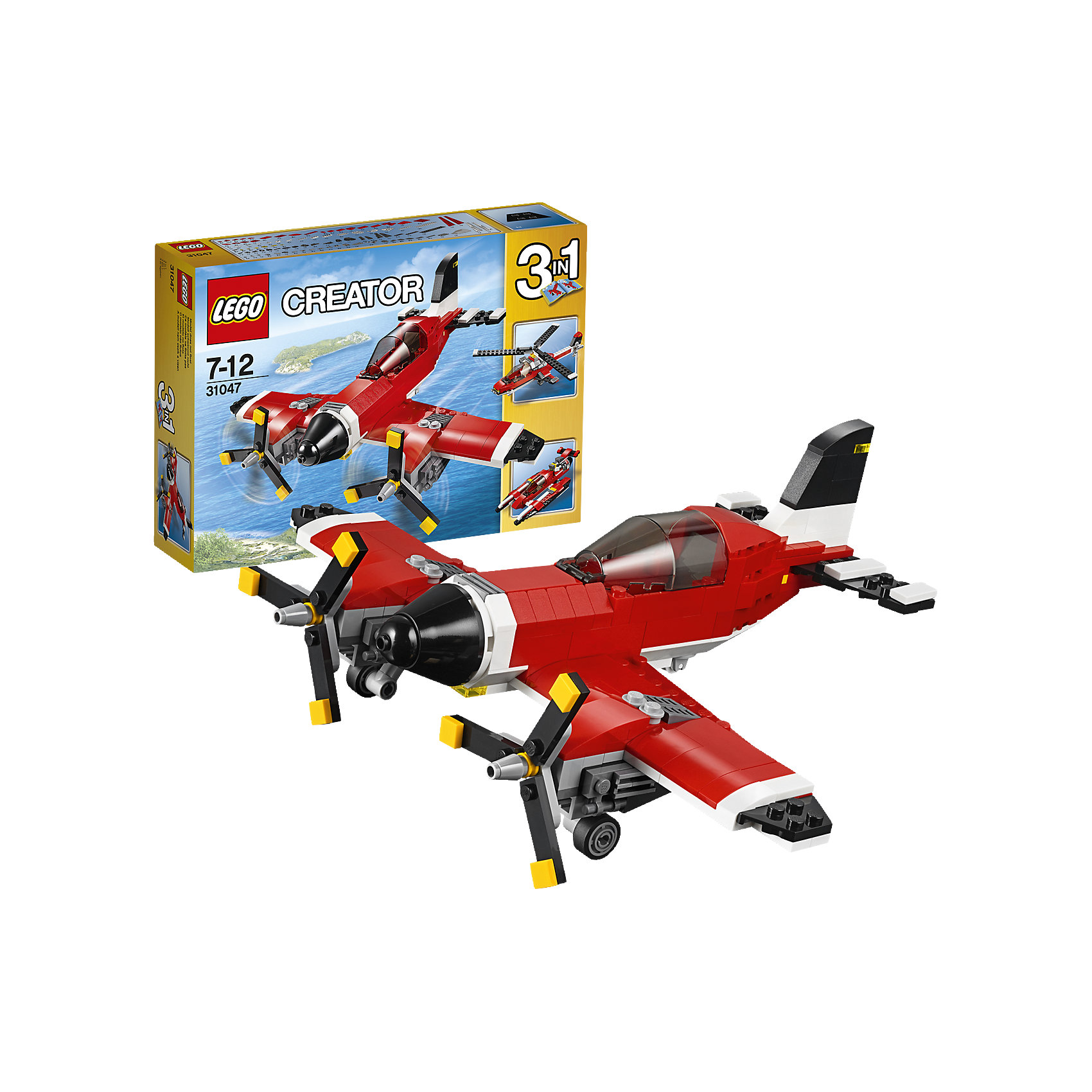 LEGO Creator 31047: Путешествие по воздуху LEGO Creator 31047: Путешествие по воздухуПластмассовые конструкторы<br>Испытай этот классический самолёт, раскрашенный в красный, белый и черный цвета и оснащённый вращающимися винтами и открывающейся кабиной с местом для минифигурки (не входит в комплект). Прыгай в кабину, оставь взлётную полосу внизу и взлетай под облака. Когда полёт закончится, выпускай шасси, чтобы совершить идеальную посадку! Перестрой модель в высокотехнологичный гидроплан или вертолёт.<br><br>LEGO Creator (Лего Криэйтор) - серия конструкторов Лего, с помощью которых можно создать самые невероятные и детализированные постройки, оригинальных героев, необыкновенные транспортные средства. Из деталей одного набора можно построить несколько разных моделей. С конструкторами Лего Криэйтор ребёнок сможет каждый день придумывать новые игровые сюжеты, создавать фантастический мир, воплощая фантазии в реальность. <br><br>Дополнительная информация:<br><br>- Конструкторы ЛЕГО развивают усидчивость, внимание, фантазию и мелкую моторику. <br>- Комплектация: самолет.<br>- Количество деталей: 230<br>- Серия LEGO Creator (Лего Криэйтор).<br>- Материал: пластик.<br>- Размер упаковки: 26х6х19 см.<br>- Вес: 0.402 кг.<br><br>LEGO Creator 31047: Путешествие по воздуху можно купить в нашем магазине.<br><br>Ширина мм: 263<br>Глубина мм: 190<br>Высота мм: 66<br>Вес г: 412<br>Возраст от месяцев: 84<br>Возраст до месяцев: 144<br>Пол: Мужской<br>Возраст: Детский<br>SKU: 4259024