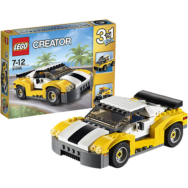 LEGO Creator 31046: Кабриолет LEGO Creator 31046: КабриолетПластмассовые конструкторы<br>Выезжай на дорогу на удивительном спортивном автомобиле, имеющем спойлер, стильные диски с низкопрофильными шинами, открывающийся верх кузова и детализированный двигатель. Открой двери, садись за руль и наслаждайся скоростью, испытывая удивительные возможности этого кабриолета! Перестрой его в грузовик-пикап или погрузчик с бортовым поворотом.<br><br>LEGO Creator (Лего Криэйтор) - серия конструкторов Лего, с помощью которых можно создать самые невероятные и детализированные постройки, оригинальных героев, необыкновенные транспортные средства. Из деталей одного набора можно построить несколько разных моделей. С конструкторами Лего Криэйтор ребёнок сможет каждый день придумывать новые игровые сюжеты, создавать фантастический мир, воплощая фантазии в реальность. <br><br>Дополнительная информация:<br><br>- Конструкторы ЛЕГО развивают усидчивость, внимание, фантазию и мелкую моторику. <br>- Комплектация: автомобиль.<br>- Количество деталей: 222.<br>- Серия LEGO Creator (Лего Криэйтор).<br>- Материал: пластик.<br>- Размер упаковки: 26х4,6х19 см.<br>- Вес: 0.37 кг.<br><br>LEGO Creator 31046: Кабриолет можно купить в нашем магазине.<br><br>Ширина мм: 265<br>Глубина мм: 190<br>Высота мм: 48<br>Вес г: 372<br>Возраст от месяцев: 84<br>Возраст до месяцев: 144<br>Пол: Мужской<br>Возраст: Детский<br>SKU: 4259025