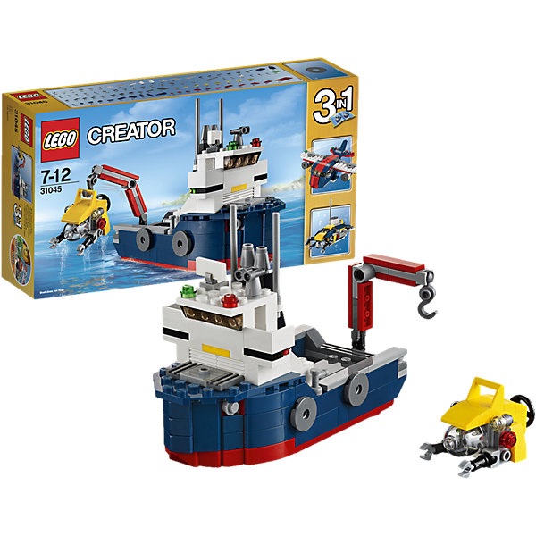 LEGO Creator 31045: Морская экспедиция LEGO Creator 31045: Морская экспедицияПластмассовые конструкторы<br>Используй этот крутой набор, из которого можно собрать корабль, включающий капитанский мостик, навигационные огни, радар, антенну, трубу и желтую роботизированную подводную лодку, чтобы исследовать глубины океана. Управляй краном на корабле, чтобы спустить подводную лодку в море, а затем погружайся и проводи исследования! Когда будешь готов к переменам, собери грузовой самолет или большую подводную лодку.<br><br>LEGO Creator (Лего Криэйтор) - серия конструкторов Лего, с помощью которых можно создать самые невероятные и детализированные постройки, оригинальных героев, необыкновенные транспортные средства. Из деталей одного набора можно построить несколько разных моделей. С конструкторами Лего Криэйтор ребёнок сможет каждый день придумывать новые игровые сюжеты, создавать фантастический мир, воплощая фантазии в реальность. <br><br>Дополнительная информация:<br><br>- Конструкторы ЛЕГО развивают усидчивость, внимание, фантазию и мелкую моторику. <br>- Комплектация: корабль.<br>- Количество деталей: 213.<br>- Серия LEGO Creator (Лего Криэйтор).<br>- Материал: пластик.<br>- Размер упаковки: 26х6х14 см.<br>- Вес: 0.315 кг.<br><br>LEGO Creator 31045: Морская экспедиция можно купить в нашем магазине.<br><br>Ширина мм: 267<br>Глубина мм: 142<br>Высота мм: 63<br>Вес г: 312<br>Возраст от месяцев: 84<br>Возраст до месяцев: 144<br>Пол: Мужской<br>Возраст: Детский<br>SKU: 4259026