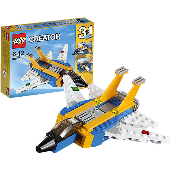 LEGO Creator 31042: Реактивный самолет LEGO Creator 31042: Реактивный самолетПластмассовые конструкторы<br>Переходи в сверхзвуковой режим на этом удивительном реактивном самолете, раскрашенном в темно-желтый, синий и белый цвета, имеющем двойные вертикальные стабилизаторы, большие воздухозаборники, навигационные огни и двигатели. Активируй подвижные крылья, оставь взлетную полосу внизу и взмывай в небо! Когда будешь готов к новому заданию по сборке, переделай его в футуристический или классический самолет.<br><br>LEGO Creator (Лего Криэйтор) - серия конструкторов Лего, с помощью которых можно создать самые невероятные и детализированные постройки, оригинальных героев, необыкновенные транспортные средства. Из деталей одного набора можно построить несколько разных моделей. С конструкторами Лего Криэйтор ребёнок сможет каждый день придумывать новые игровые сюжеты, создавать фантастический мир, воплощая фантазии в реальность. <br><br>Дополнительная информация:<br><br>- Конструкторы ЛЕГО развивают усидчивость, внимание, фантазию и мелкую моторику. <br>- Комплектация: самолет.<br>- Количество деталей: 100.<br>- Серия LEGO Creator (Лего Криэйтор).<br>- Материал: пластик.<br>- Размер упаковки: 19х4,6х14 см.<br>- Вес: 0.18 кг.<br><br>LEGO Creator 31042: Реактивный самолет можно купить в нашем магазине.<br><br>Ширина мм: 196<br>Глубина мм: 147<br>Высота мм: 48<br>Вес г: 179<br>Возраст от месяцев: 72<br>Возраст до месяцев: 144<br>Пол: Мужской<br>Возраст: Детский<br>SKU: 4259028