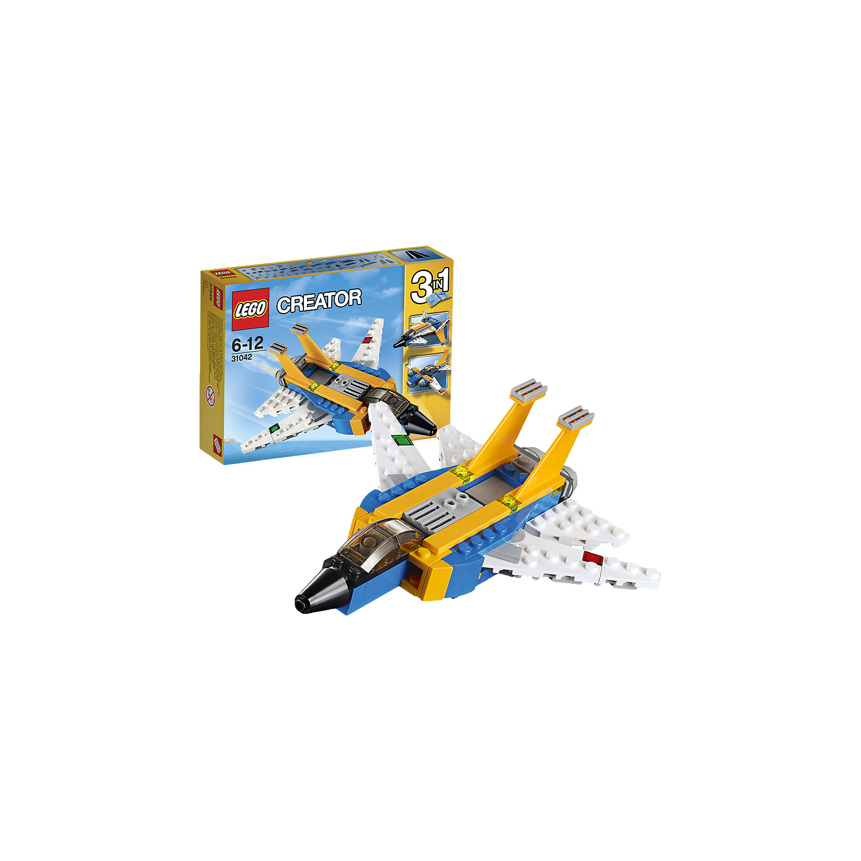 LEGO Creator 31042: Реактивный самолет LEGO Creator 31042: Реактивный самолетПластмассовые конструкторы<br>Переходи в сверхзвуковой режим на этом удивительном реактивном самолете, раскрашенном в темно-желтый, синий и белый цвета, имеющем двойные вертикальные стабилизаторы, большие воздухозаборники, навигационные огни и двигатели. Активируй подвижные крылья, оставь взлетную полосу внизу и взмывай в небо! Когда будешь готов к новому заданию по сборке, переделай его в футуристический или классический самолет.<br><br>LEGO Creator (Лего Криэйтор) - серия конструкторов Лего, с помощью которых можно создать самые невероятные и детализированные постройки, оригинальных героев, необыкновенные транспортные средства. Из деталей одного набора можно построить несколько разных моделей. С конструкторами Лего Криэйтор ребёнок сможет каждый день придумывать новые игровые сюжеты, создавать фантастический мир, воплощая фантазии в реальность. <br><br>Дополнительная информация:<br><br>- Конструкторы ЛЕГО развивают усидчивость, внимание, фантазию и мелкую моторику. <br>- Комплектация: самолет.<br>- Количество деталей: 100.<br>- Серия LEGO Creator (Лего Криэйтор).<br>- Материал: пластик.<br>- Размер упаковки: 19х4,6х14 см.<br>- Вес: 0.18 кг.<br><br>LEGO Creator 31042: Реактивный самолет можно купить в нашем магазине.<br><br>Ширина мм: 194<br>Глубина мм: 139<br>Высота мм: 48<br>Вес г: 170<br>Возраст от месяцев: 72<br>Возраст до месяцев: 144<br>Пол: Мужской<br>Возраст: Детский<br>SKU: 4259028