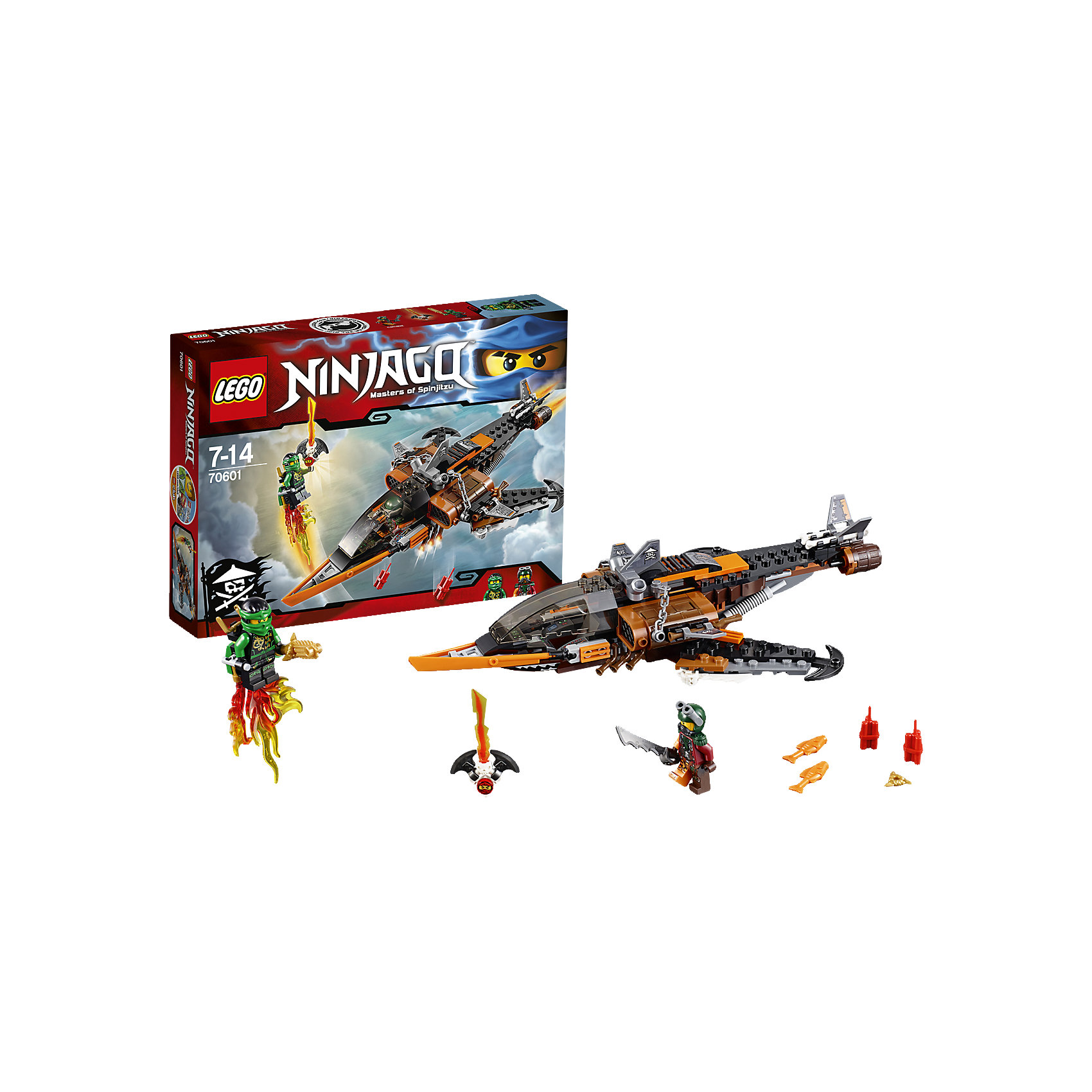 LEGO NINJAGO 70601: Небесная акула LEGO NINJAGO 70601: Небесная акулаПластмассовые конструкторы<br>Отправь беспилотник на разведку к этому удивительному самолёту, оснащённому целым набором опасных клинков, пушек и всяких классных пиратских штучек. Но остерегайся подвоха — Небесная акула может сбросить динамит или тухлую рыбу в любой момент! Затем преврати беспилотник в реактивный ранец для Ллойда и отправь героя-ниндзя в бой. Сбей Небесную акулу и сражайся, чтобы освободить Кая, заточённого в Джинн-клинок!<br><br>LEGO Ninjago (ЛЕГО Ниндзяго) - серия детских конструкторов ЛЕГО, рассказывающая о приключениях четырех отважных ниндзя и их сенсея, о противостоянии злу и победе добра. Наборы серии можно комбинировать между собой, давая безграничные просторы для фантазии и придумывая свои новые истории. <br> <br>Дополнительная информация:<br><br>- Конструкторы ЛЕГО развивают усидчивость, внимание, фантазию и мелкую моторику. <br>- Комплектация: 2 минифигурки, аксессуары, небесная акула.<br>- В комплекте 2 минифигурки.<br>- Количество деталей: 221.<br>- Серия ЛЕГО Ниндзяго (LEGO Ninjago)<br>- Материал: пластик.<br>- Размер упаковки: 26х4,6х19 см.<br>- Вес: 0.305 кг.<br><br>Конструктор LEGO Ninjago 70601: Небесная акула можно купить в нашем магазине.<br><br>Ширина мм: 264<br>Глубина мм: 192<br>Высота мм: 50<br>Вес г: 317<br>Возраст от месяцев: 84<br>Возраст до месяцев: 168<br>Пол: Мужской<br>Возраст: Детский<br>SKU: 4259039