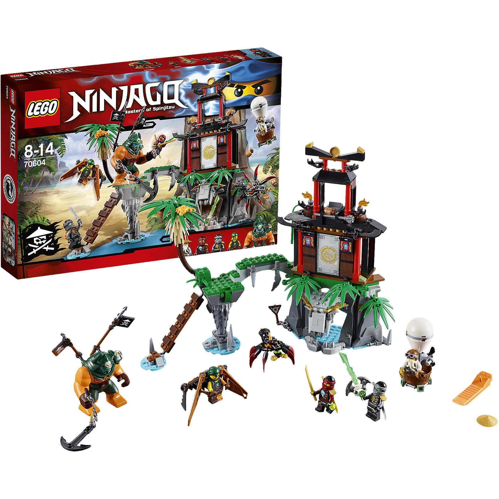 LEGO NINJAGO 70604: Остров тигриных вдов LEGO NINJAGO 70604: Остров тигриных вдовПластмассовые конструкторы<br>Приближается могучая Догшанк с огромным анкерным оружием в руках. Дай отпор с помощью катаны Нии и бросай в Догшанк кокосы с башни и воздушного шара Сэнсэя Ву. Следи за пиратским флайером Скиффи: урони на него пальму, чтобы сбить пирата с лестницы. Скройся в пещере, но остерегайся гигантских ядовитых пауков, которых так много на острове. Победи пиратов и освободи Ллойда, заточённого в особый Джинн-клинок!<br><br>LEGO Ninjago (ЛЕГО Ниндзяго) - серия детских конструкторов ЛЕГО, рассказывающая о приключениях четырех отважных ниндзя и их сенсея, о противостоянии злу и победе добра. Наборы серии можно комбинировать между собой, давая безграничные просторы для фантазии и придумывая свои новые истории. <br> <br>Дополнительная информация:<br><br>- Конструкторы ЛЕГО развивают усидчивость, внимание, фантазию и мелкую моторику. <br>- Комплектация: 4 минифигурки. <br>- В комплекте 4 минифигурки, аксессуары, детали конструктора. <br>- Количество деталей: 450.<br>- Серия ЛЕГО Ниндзяго (LEGO Ninjago)<br>- Материал: пластик.<br>- Размер упаковки: 38х6х26 см.<br>- Вес: 0.68 кг.<br><br>Конструктор LEGO Ninjago 70604: Остров тигриных вдов можно купить в нашем магазине.<br><br>Ширина мм: 384<br>Глубина мм: 266<br>Высота мм: 60<br>Вес г: 720<br>Возраст от месяцев: 96<br>Возраст до месяцев: 168<br>Пол: Мужской<br>Возраст: Детский<br>SKU: 4259042