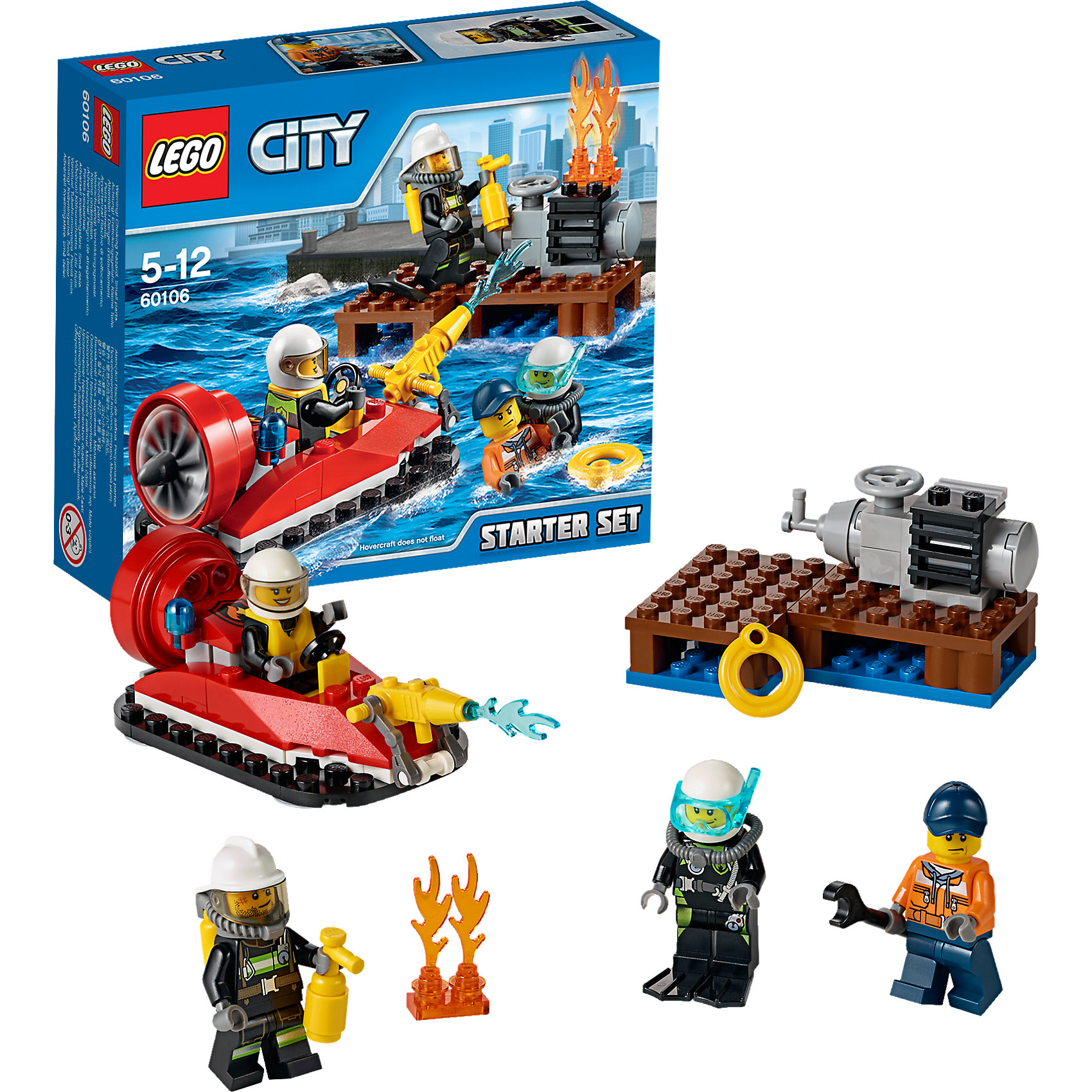 LEGO City 60106: Набор для начинающих «Пожарная охрана» LEGO City 60106: Набор для начинающих «Пожарная охрана»Пластмассовые конструкторы<br>LEGO City (ЛЕГО Сити) 60106: Набор для начинающих Пожарная охрана станет прекрасным подарком для маленьких любителей конструирования. На морском пирсе Лего Сити, где механик чинил двигатель, произошло возгорание. На помощь рабочему уже спешит специальный отряд отважных пожарных на лодке. Помоги им потушить огонь и спасти механика! Набор отличается простотой сборки и прекрасно подходит для начинающих. Из деталей конструктора Вы легко сможете собрать катер на воздушной подушке и деревянный пирс. Ярко-красный катер оснащен местом водителя с рулевым управлением, сзади располагаются сигнальные огни и мощный мотор с большим вращающимся пропеллером, спереди предусмотрено крепление для брандспойта. В комплект также входят различные игровые аксессуары (огнетушитель, спасательный круг, гаечный ключ и другие) и четыре минифигурки: рабочий, двое пожарных и аквалангист.<br><br>Серия конструкторов LEGO City позволяет почувствовать себя инженером и архитектором, строителем или мэром города. Вы можете создавать свой город мечты, развивать городскую инфраструктуру, строить дороги и здания, управлять городским хозяйством и следить за порядком.<br>В игровых наборах с разнообразными сюжетами много интересных персонажей, оригинальных объектов и городской техники. Это уникальная возможность для ребенка развивать фантазию и логическое мышление, узнавать и осваивать разные профессии.<br><br>Дополнительная информация:<br><br>- Игра с конструктором LEGO (ЛЕГО) развивает мелкую моторику ребенка, фантазию и воображение, учит его усидчивости и внимательности.<br>- Количество деталей: 90.<br>- Количество минифигур: 4.<br>- Серия: LEGO City (ЛЕГО Сити).<br>- Материал: пластик.<br>- Размер собранного катера: 4 х 10 х 4 см.<br>- Размер упаковки: 16 х 4,5 х 14 см.<br>- Вес: 0,135 кг.<br><br>LEGO City (ЛЕГО Сити) 60106: Набор для начинающих Пожарная охрана можно купить в нашем интернет-магазине.<br><br>Ширина мм: 160<br>Глубина мм: 139<br>Высота мм: 45<br>Вес г: 128<br>Возраст от месяцев: 60<br>Возраст до месяцев: 144<br>Пол: Мужской<br>Возраст: Детский<br>SKU: 4259058