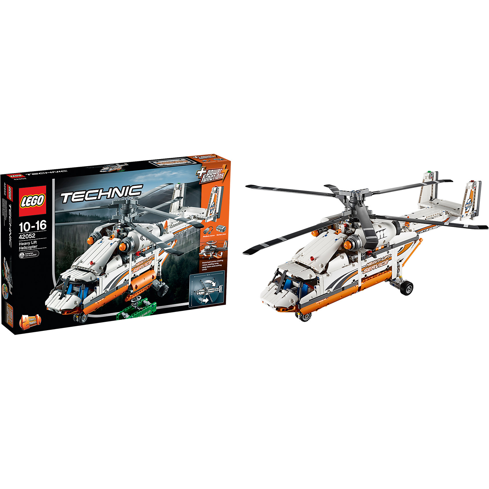 LEGO Technic 42052: Грузовой вертолет LEGO Technic 42052: Грузовой вертолетПластмассовые конструкторы<br>Характеристики:<br><br>• Предназначение: набор для конструирования, сюжетно-ролевые игры<br>• Пол: для мальчиков<br>• Материал: пластик<br>• Цвет: белый, черный, серый, оранжевый<br>• Серия LEGO: Technic<br>• Размер упаковки (Д*Ш*В): 58*8,7*37,8 см<br>• Вес: 1 кг 845 г<br>• Количество деталей: 1042 шт.<br>• Наличие двигающихся, вращающихся и открывающихся элементов<br>• Комплектация: детали для конструирования 2-х вариантов грузового воздушного транспорта<br>• Батарейки: 6 шт. типа АА (в комплекте не предусмотрены)<br><br>LEGO Technic 42052: Грузовой вертолет – набор от всемирно известного производителя конструкторов для детей всех возрастных категорий. LEGO Technic 42025: Грузовой самолёт является базовым набором повышенной сложности серии Technic. Элементы конструктора позволяют сконструировать 2 варианта грузового транспорта: грузовой вертолет или двухроторный вертолет. Разнообразие элементов позволят воссоздавать юному конструктору все реалистичные элементы и функции грузового воздушного транспорта: вращающиеся винты, открывающийся грузовой отсек, лебедка, подвижный хвостовой руль и др. В комплекте предусмотрена яркая инструкция, которая научит вашего ребенка действовать по образцу. <br>Игры с конструкторами LEGO развивают усидчивость, внимательность, мелкую моторику рук, способствуют формированию конструкторского мышления. С набором LEGO Technic 42052: Грузовой вертолет ваш ребенок сможет придумывать целые сюжетные истории, развивая тем самым воображение и обогащая свой словарный запас. <br><br>LEGO Technic 42052: Грузовой вертолет можно купить в нашем интернет-магазине.<br><br>Ширина мм: 583<br>Глубина мм: 375<br>Высота мм: 86<br>Вес г: 1872<br>Возраст от месяцев: 120<br>Возраст до месяцев: 192<br>Пол: Мужской<br>Возраст: Детский<br>SKU: 4259081