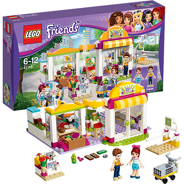 LEGO Friends 41118: Супермаркет LEGO Friends 41118: СупермаркетПластмассовые конструкторы<br>Настало время для еженедельного шопинга Мии. Присоединяйся к ней в супермаркете Хартлейк Сити и захвати тележку с парковки. Пройдись между торговыми рядами супермаркета. Что купим сегодня? Купи свежие фрукты и овощи, зерновые завтраки и суши, прежде чем отправиться в кондитерский отдел, где вас уже ждёт Даниэль с только что вынутым из духовки печеньем, которым он всех угощает. Не забудь остановится у стенда с косметикой, а потом можно направляться к кассе!<br><br>LEGO Friends (ЛЕГО Подружки)- серия детских конструкторов ЛЕГО, созданных специально для девочек. Эта коллекция объединяет в себе принципы строительного конструктора ЛЕГО и игровые темы, яркие цвета и образы интересные для девочек.<br><br>Дополнительная информация:<br><br>- Конструкторы ЛЕГО развивают усидчивость, внимание, фантазию и мелкую моторику. <br>- 1 фигурки: Мия, Даниэль.<br>- В комплекте 2 фигурки, магазин, тележка для продуктов, газеты, цветы, арбуз, ананас, вишня, виноград, лимон, апельсин, морковь, хлопья для завтрака, сок, варенье, шоколад, куриный окорочок, сыр, рыба, суши, яблочные пироги, печенье, пирожные, молоко, бутылки, банки, расчёска, помада, 2 флакона духов, монета, денежная банкнота, список покупок, весы, щипцы, сумка и кассовый аппарат.<br>- Количество деталей: 313<br>- Серия LEGO Friends (ЛЕГО Подружки).<br>- Материал: пластик.<br>- Размер упаковки: 19х6х14 см.<br>- Размер магазина в сложенном виде: 10х19х16 см.<br>- Размер в раскрытом виде: 10х28х12 см. <br>- Вес: 0.52 кг.<br><br>LEGO Friends 41118: Супермаркет можно купить в нашем магазине.<br><br>Ширина мм: 351<br>Глубина мм: 190<br>Высота мм: 60<br>Вес г: 515<br>Возраст от месяцев: 72<br>Возраст до месяцев: 144<br>Пол: Женский<br>Возраст: Детский<br>SKU: 4259083