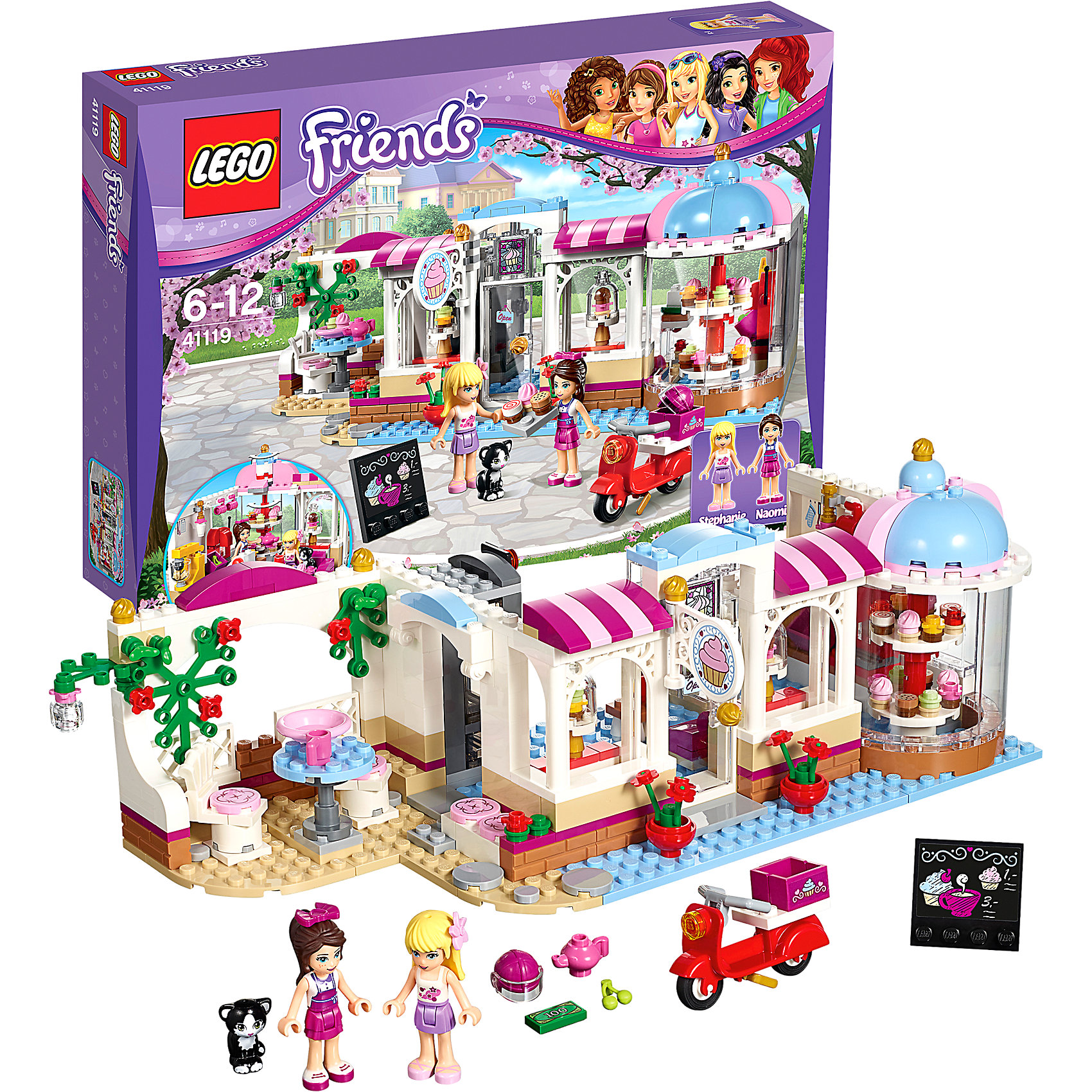 LEGO Friends 41119: Кондитерская LEGO Friends 41119: КондитерскаяПомоги официантке Наоми приготовить вкусные кексы для своих клиентов. Поворачивай витрину, чтобы выбрать самые лучшие товары, и посиди со Стефани во внутреннем дворике, чтобы попробовать кексы за чашкой чая. Погладь дружелюбного кота, прежде чем вернуться к работе. Прими телефонный заказ, а затем доставляй сладкие кексы на скутере Наоми по всему Хартлейк Сити!<br><br>LEGO Friends (ЛЕГО Подружки)- серия детских конструкторов ЛЕГО, созданных специально для девочек. Эта коллекция объединяет в себе принципы строительного конструктора ЛЕГО и игровые темы, яркие цвета и образы интересные для девочек.<br><br>Дополнительная информация:<br><br>- Конструкторы ЛЕГО развивают усидчивость, внимание, фантазию и мелкую моторику. <br>- 2 фигурки.<br>- В комплекте 2 фигурки, кондитерская, скутер, кошка, кофеварка, чайник, чашки, миксер, противень, подносы, кассовый аппарат, деньги, телефон, вывеска, мотоциклетный шлем, украшения для волос, цветы, фрукты и бесконечное множество пирожных.<br>- Количество деталей: 438.<br>- Серия LEGO Friends (ЛЕГО Подружки).<br>- Материал: пластик.<br>- Размер упаковки: 38х7х26 см.<br>- Размер кондитерской в собранном виде: 10х28х12 см.<br>- Вес: 0.71 кг.<br><br>LEGO Friends 41119: Кондитерская можно купить в нашем магазине.<br><br>Ширина мм: 385<br>Глубина мм: 264<br>Высота мм: 66<br>Вес г: 736<br>Возраст от месяцев: 72<br>Возраст до месяцев: 144<br>Пол: Женский<br>Возраст: Детский<br>SKU: 4259084