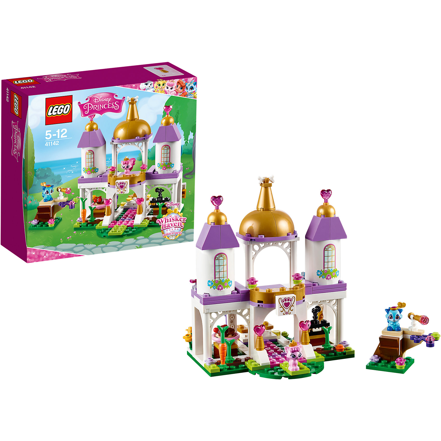LEGO Disney Princesses 41142: Королевские питомцы: Замок LEGO Disney Princesses 41142: Королевские питомцы: ЗамокПластмассовые конструкторы<br>LEGO Принцессы Дисней 41142: Королевские питомцы: Замок непременно понравится всем юным поклонницам диснеевских волшебных сказок. Из деталей набора можно собрать роскошный сказочный замок, где обитают любимые питомцы принцесс из диснеевских мультфильмов. Нарядный двухуровневый замок украшен тремя башенками с позолоченными верхушками, внутри несколько жилых комнат и смотровая площадка с подзорной трубой, откуда можно наблюдать за подъезжающими гостями. Их ждет роскошный прием и веселая вечеринка. Сыграй всем на фортепиано, а затем устрой танцы на вращающемся полу. В комплекте также аксессуары для проведения праздника (цветы и угощение) и две фигурки королевских питомцев - котёнок принцессы Авроры Милашка и енотик Покахонтас Василёк.<br><br>Серия конструкторов Lego Disney Princess создана специально для девочек и посвящена принцессам из мультфильмов Диснея. Наборы состоят из деталей необычных ярких расцветок, красивых миникуколок и множества сказочных аксессуаров.<br><br>Дополнительная информация:<br><br>- Игра с конструктором LEGO (ЛЕГО) развивает мелкую моторику ребенка, фантазию и воображение, учит его усидчивости и внимательности.<br>- Количество деталей: 186.<br>- Количество минифигур: 2 (котенок Милашка, енотик Василек).<br>- Серия: LEGO Disney Princess (ЛЕГО Принцессы Дисней).<br>- Материал: пластик.<br>- Размер упаковки: 20,5 х 7,3 х 19,1 см.<br>- Вес: 0,311 кг.<br><br>LEGO Принцессы Дисней 41142: Королевские питомцы: Замок можно купить в нашем интернет-магазине.<br><br>Ширина мм: 194<br>Глубина мм: 200<br>Высота мм: 76<br>Вес г: 304<br>Возраст от месяцев: 60<br>Возраст до месяцев: 144<br>Пол: Женский<br>Возраст: Детский<br>SKU: 4259090