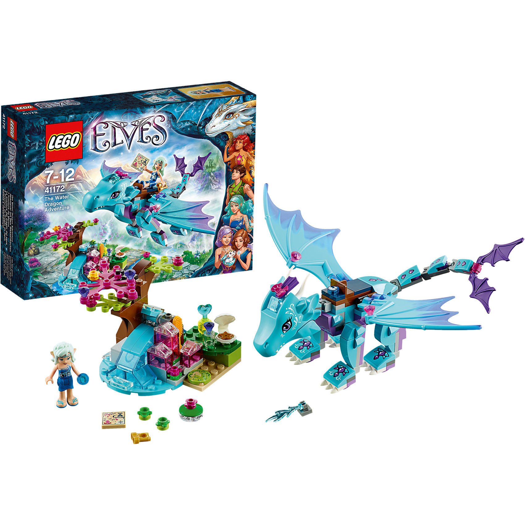 LEGO Elves 41172: Приключение дракона воды LEGO Elves 41172: Приключение дракона водыПластмассовые конструкторы<br>Конструктор LEGO Elves (ЛЕГО Эльфы) 41172: Приключение дракона воды поможет Вашей девочке перенестись в волшебный мир эльфов, познакомиться с его обитателями и пережить вместе с ними веселые приключения. Из входящих в комплект деталей Вы сможете собрать потрясающего фантастического дракона Мерину и отправиться на ней изучать окрестности Эльфендейла. Вместе с эльфом Наидой исследуйте волшебный водопад, накормите Мерину, используя магические силы воды и снова отправляйтесь в путь. У собранной фигурки дракона открывается пасть, ноги, крылья и хвост подвижные, что позволяет придавать ей различные позы.<br><br>Конструкторы серии LEGO Elves объединены общим сюжетом о приключениях девочки Эмили Джонс, попавшей в удивительный мир эльфов. Чтобы вернуться обратно домой ей нужно отыскать четыре волшебных ключа. Найти их ей помогут ее новые друзья - эльфы Азари (эльф огня), Наида (эльф воды), Эйра (эльф ветра) и Фарран (эльф Земли). Необычные яркие цвета, уникальные детали и минифигурки и красивые сказочные сюжеты делают эти конструкторы прекрасным подарком для всех девочек от 6 до 12 лет.<br><br>Дополнительная информация:<br><br>- Игра с конструктором LEGO (ЛЕГО) развивает мелкую моторику ребенка, фантазию и воображение, учит его усидчивости и внимательности.<br>- Количество деталей: 212.<br>- Количество минифигур: 1 (эльф Наида).<br>- Серия: LEGO Elves (ЛЕГО Эльфы).<br>- Материал: пластик.<br>- Размер упаковки: 26,2 х 6,1 х 19,1 см.<br>- Вес: 0,355 кг.<br><br>Конструктор LEGO Elves (ЛЕГО Эльфы) 41172: Приключение дракона воды можно купить в нашем интернет-магазине.<br><br>Ширина мм: 256<br>Глубина мм: 187<br>Высота мм: 67<br>Вес г: 310<br>Возраст от месяцев: 84<br>Возраст до месяцев: 144<br>Пол: Женский<br>Возраст: Детский<br>SKU: 4259096