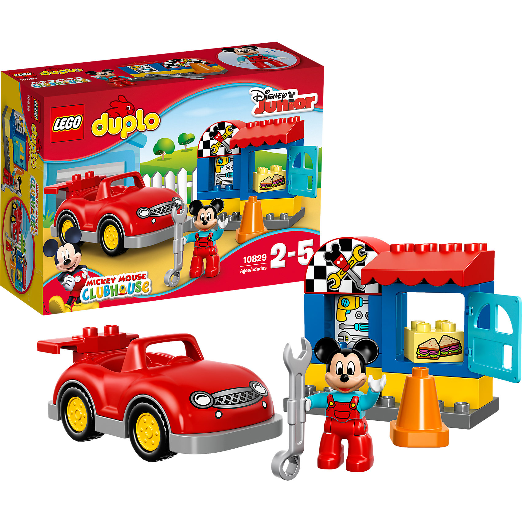 LEGO DUPLO 10829: Мастерская Микки LEGO DUPLO 10829: Мастерская МиккиLEGO DUPLO (ЛЕГО Дупло) 10829: Мастерская Микки идеально подойдет для самых маленьких строителей. Конструктор состоит из красочных, высококачественных деталей, с помощью которых можно построить целую мастерскую и придумать множество сюжетов с любимым героем. Целый день трудится мышонок Микки в своей автомастерской, в его распоряжении множество инструментов и нужных деталей. Сейчас в ремонте нуждается большой красный кабриолет, а после работы Микки может и передохнуть - перекусить вкусными сэндвичами. Все детали разработаны специально для маленьких детских ручек. Набор предоставляет большие возможности для веселых ролевых игр и развития фантазии.<br><br>ЛЕГО Дупло - серия конструкторов для малышей, которую отличают крупные яркие детали со скругленными углами и многообразие игровых сюжетов, это и животные, и растения, и машинки, и сказочные персонажи. <br><br>Дополнительная информация:<br><br>- Игра с конструктором LEGO (ЛЕГО) развивает мелкую моторику ребенка, фантазию и воображение, учит его усидчивости и внимательности.<br>- Количество деталей: 18.<br>- Количество минифигур: 1 (Микки-Маус).<br>- Серия: LEGO DUPLO (ЛЕГО Дупло). <br>- Материал: пластик.<br>- Размер упаковки: 26 х 9 х 19 см.<br>- Вес: 0,43 кг.<br><br>Конструктор LEGO DUPLO (ЛЕГО Дупло) 10829: Мастерская Микки можно купить в нашем интернет-магазине.<br><br>Ширина мм: 266<br>Глубина мм: 190<br>Высота мм: 91<br>Вес г: 415<br>Возраст от месяцев: 24<br>Возраст до месяцев: 60<br>Пол: Мужской<br>Возраст: Детский<br>SKU: 4259099