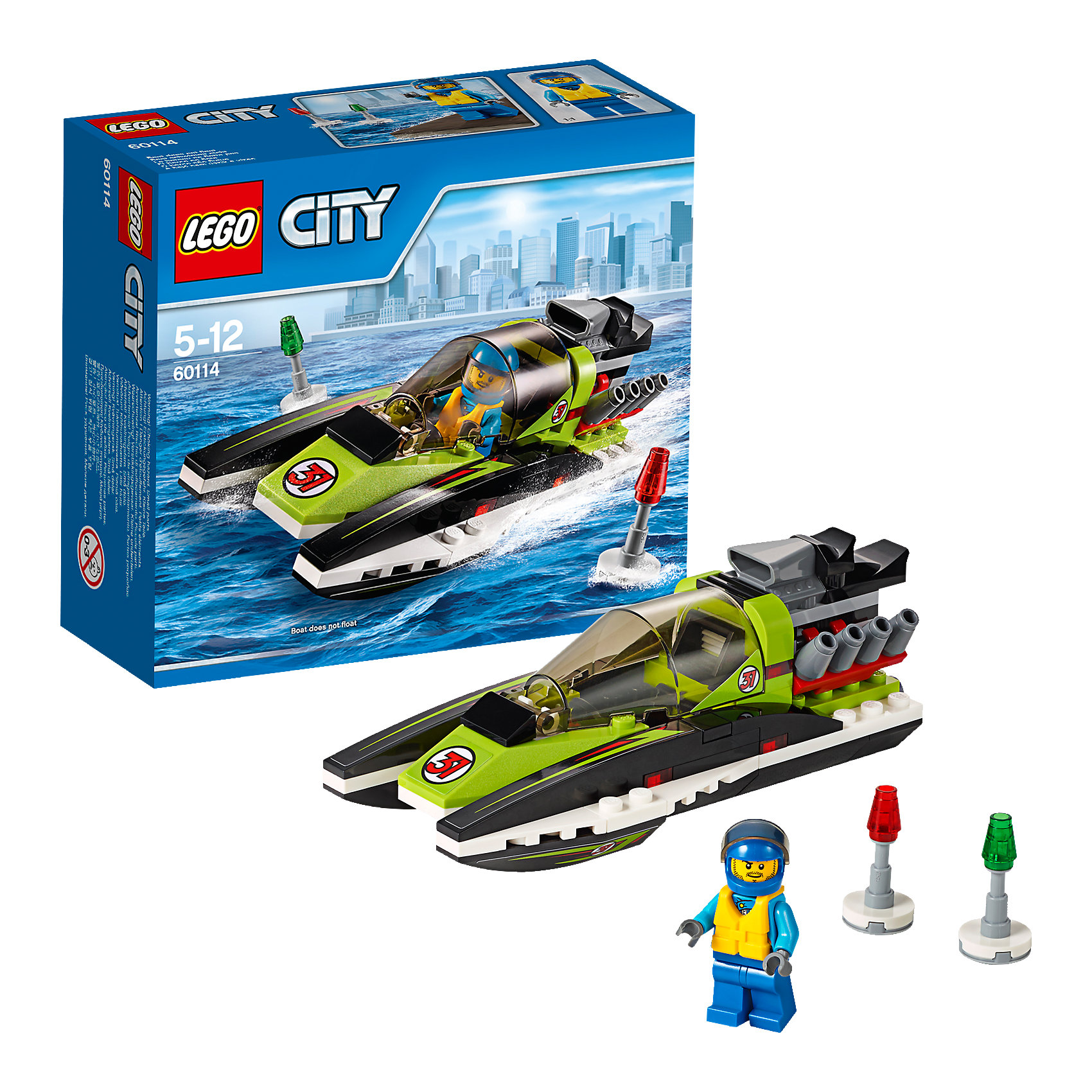 LEGO City 60114: Гоночный катер LEGO City 60114: Гоночный катерLEGO City (ЛЕГО Сити) 60114: Гоночный катер станет прекрасным подарком для юных любителей конструирования. Заводи мотор Гоночного катера и готовься к большой гонке! Мчись по воде как можно быстрее, но следи за тем, чтобы не вылететь за буйки. Обтекаемый корпус катера состоит из чёрно-зеленых деталей и украшен наклейками. В центральной части модели находится кабина водителя с вытянутым лобовым стеклом, сиденьем и рулем. В передней части с обеих сторон расположены полозья, выполняющие функцию поплавков. Мощный мотор на корме катера обеспечивает ему высокую скорость и победу в гонках. В комплект также входят два буйка и минифигурка гонщика. <br><br>Серия конструкторов LEGO City позволяет почувствовать себя инженером и архитектором, строителем или мэром города. Вы можете создавать свой город мечты, развивать городскую инфраструктуру, строить дороги и здания, управлять городским хозяйством и следить за порядком.<br>В игровых наборах с разнообразными сюжетами много интересных персонажей, оригинальных объектов и городской техники. Это уникальная возможность для ребенка развивать фантазию и логическое мышление, узнавать и осваивать разные профессии.<br><br>Дополнительная информация:<br><br>- Игра с конструктором LEGO (ЛЕГО) развивает мелкую моторику ребенка, фантазию и воображение, учит его усидчивости и внимательности.<br>- Количество деталей: 95.<br>- Количество минифигур: 1.<br>- Серия: LEGO City (ЛЕГО Сити).<br>- Материал: пластик.<br>- Размер собранного катера: 5 х 13 х 6 см.<br>- Размер упаковки: 15,5 х 6 х 14 см.<br>- Вес: 0,16 кг.<br><br>LEGO City (ЛЕГО Сити) 60114: Гоночный катер можно купить в нашем интернет-магазине.<br><br>Ширина мм: 163<br>Глубина мм: 142<br>Высота мм: 62<br>Вес г: 165<br>Возраст от месяцев: 60<br>Возраст до месяцев: 144<br>Пол: Мужской<br>Возраст: Детский<br>SKU: 4259102