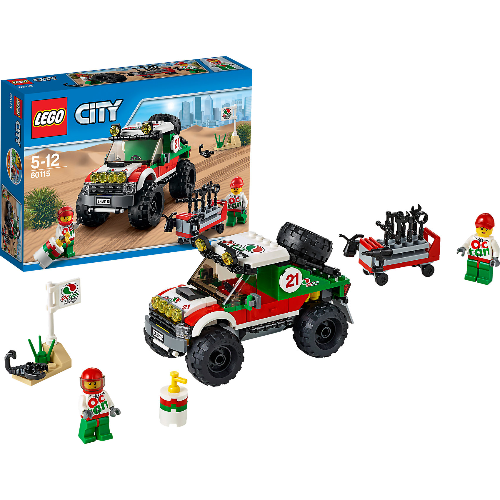 LEGO City 60115: Внедорожник 4x4 LEGO City 60115: Внедорожник 4x4LEGO City (ЛЕГО Сити) 60115: Внедорожник 4x4 станет прекрасным подарком для юных любителей конструирования. Жителей Лего-Сити ждет новое грандиозное зрелище - гонка внедорожников по пустыне. Подготовь свою машину, проверь запаску и убедись, что она накачана.<br>Заполни переносной топливный бак, пристегни водителя ремнем - и в путь! Корпус внедорожника состоит из бело-красно-зелёных деталей и украшен номерами и логотипами гонки. В центральной части модели находится кабина водителя с тонированным лобовым стеклом, навесными фарами, сиденьем и рулем, двери открываются. Спереди видны фары, радиаторная решётка и автомобильный номер. Мощные колеса с рифлеными шинами помогают быстро преодолевать любые препятствия. В комплект также входят детали для сборки сервисной тележки, различные игровые аксессуары и две минифигурки - гонщика и механика. <br><br>Серия конструкторов LEGO City позволяет почувствовать себя инженером и архитектором, строителем или мэром города. Вы можете создавать свой город мечты, развивать городскую инфраструктуру, строить дороги и здания, управлять городским хозяйством и следить за порядком.<br>В игровых наборах с разнообразными сюжетами много интересных персонажей, оригинальных объектов и городской техники. Это уникальная возможность для ребенка развивать фантазию и логическое мышление, узнавать и осваивать разные профессии.<br><br>Дополнительная информация:<br><br>- Игра с конструктором LEGO (ЛЕГО) развивает мелкую моторику ребенка, фантазию и воображение, учит его усидчивости и внимательности.<br>- Количество деталей: 176.<br>- Количество минифигур: 2.<br>- Серия: LEGO City (ЛЕГО Сити).<br>- Материал: пластик.<br>- Размер собранного внедорожника: 8 х 13 х 7 см.<br>- Размер упаковки: 26 х 6 х 19 см.<br>- Вес: 0,335 кг.<br><br>LEGO City (ЛЕГО Сити) 60115: Внедорожник 4x4 можно купить в нашем интернет-магазине.<br><br>Ширина мм: 280<br>Глубина мм: 261<br>Высота мм: 63<br>Вес г: 493<br>Возраст от месяцев: 60<br>Возраст до месяцев: 144<br>Пол: Мужской<br>Возраст: Детский<br>SKU: 4259103