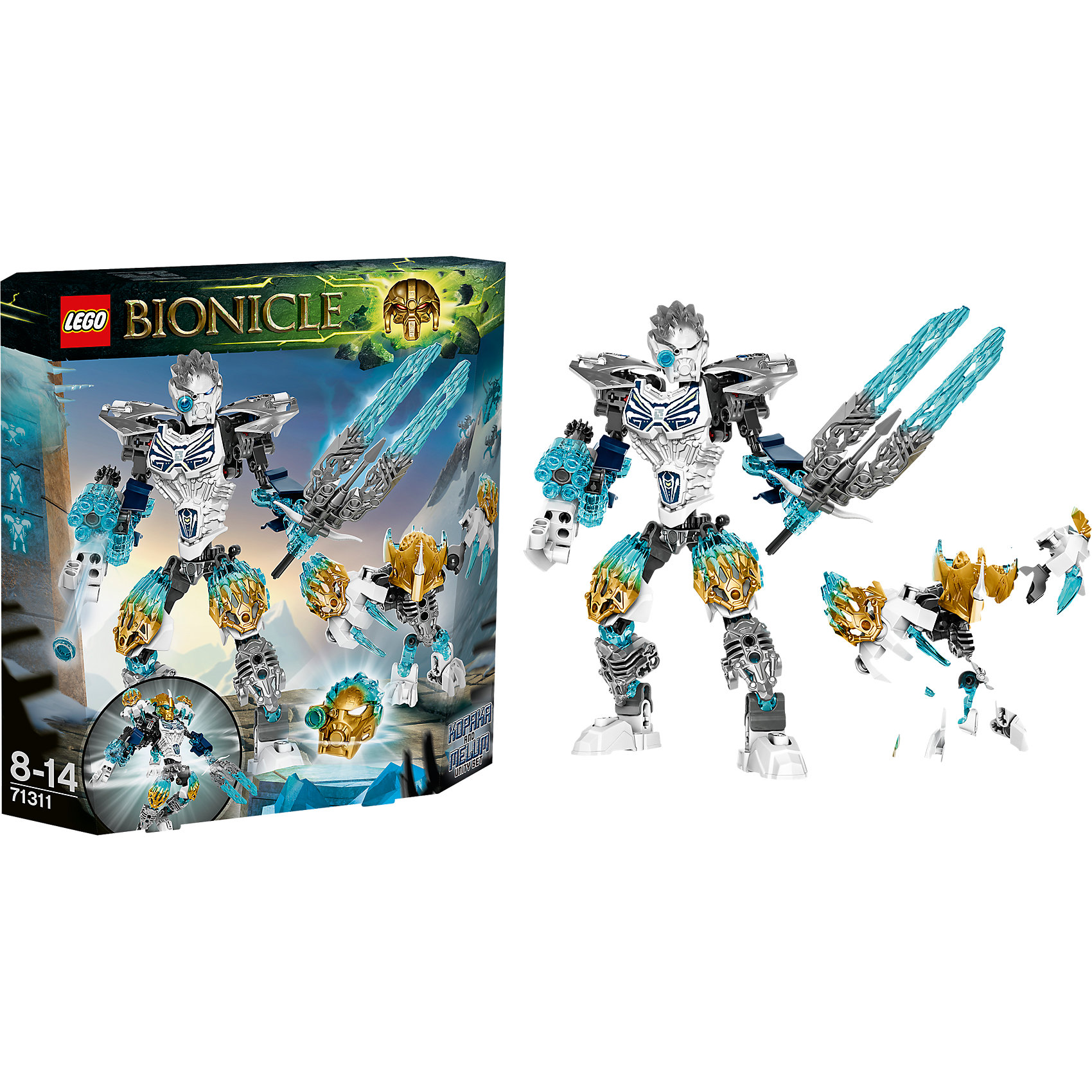 LEGO BIONICLE 71311: Копака и Мелум — Объединение Льда LEGO BIONICLE 71311: Копака и Мелум — Объединение ЛьдаТебе нужно соединить Копаку, Объединителя Льда и Мелума, Тотемного животного Льда, чтобы получить дополнительную силу. Так ты создашь непобедимого Тоа и повысишь свои шансы на победу над злым Охотником Умараком и его приспешниками.<br><br>LEGO Bionicle (Лего Биониклы) - это нереальный фантастический мир, со своими правилами, приключениями и традициями! Герои сражаются с мутантами Барраками, с многотысячной армией механических созданий Бороков, и самыми опасными и беспощадными убийцами Пираками. Отправляйся на встречу с приключениями и подвигами вместе с легендарными LEGO Bionicle!<br><br>Дополнительная информация:<br><br>- Конструкторы ЛЕГО развивают усидчивость, внимание, фантазию и мелкую моторику. <br>- Комплектация: Копака и Мелум. <br>- Количество деталей: 171.<br>- Серия LEGO Bionicle (Лего Биониклы).<br>- Материал: пластик.<br>- Размер упаковки: 25х5,4х24 см.<br>- Вес: 0.34 кг.<br><br>LEGO Bionicle 71311: Копака и Мелум — Объединение Льда можно купить в нашем магазине.<br><br>Ширина мм: 252<br>Глубина мм: 235<br>Высота мм: 58<br>Вес г: 332<br>Возраст от месяцев: 96<br>Возраст до месяцев: 168<br>Пол: Мужской<br>Возраст: Детский<br>SKU: 4259128