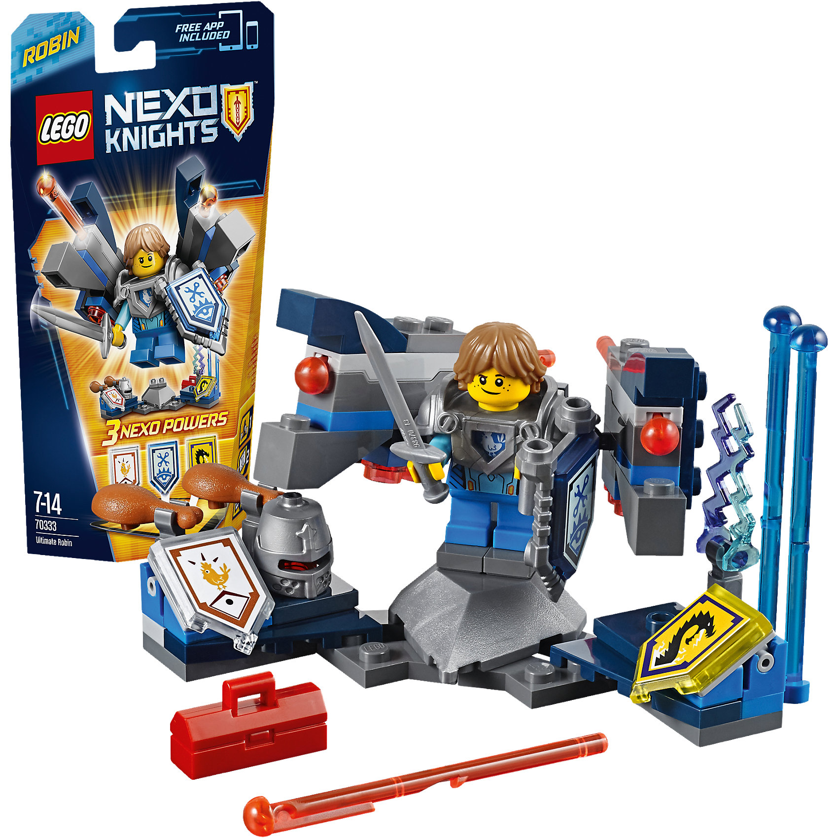 LEGO NEXO KNIGHTS 70333: Робин – Абсолютная сила LEGO NEXO KNIGHTS 70333: Робин – Абсолютная силаПластмассовые конструкторы<br>Робин Абсолютной силы пока учится на первом курсе Рыцарской академии, однако его Ultra шит бота не идет в сравнение ни с чем! Его впечатляющая пружинная пушка преобразуется в ноги бота и превращает его в великана. Порази противников пулями с эффектом удара статическим электричеством или прибеги к хитрости и закидай врага куриными ножками! <br><br>LEGO Nexo Knights ( ЛЕГО Нексо Найт) - это невероятный мир прогресса и новых технологий, в котором все же нашлось место для настоящих рыцарей, магии и волшебства. Удивительное сочетание футуризма и средневековой романтики увлекает и детей, и взрослых, а множество наборов серии и высокая детализация позволяют создать свой волшебный мир Nexo Knights!<br><br>Дополнительная информация:<br><br>- Конструкторы ЛЕГО развивают усидчивость, внимание, фантазию и мелкую моторику. <br>- 1 минифигурка Робина.<br>- Комплектация: 1 минифигурка с бронёй и мечом, а также 3 щита для сканирования с НЕКСО Силами, 2 пружинные пушки, 2 вида боеприпасов, электрические разряды, шлем, 2 куриные ножки и сундучок для инструментов.<br>- Количество деталей: 75.<br>- Серия LEGO Nexo Knights (ЛЕГО Нексо Найт).<br>- Материал: пластик.<br>- Высота Аарона с оружием и подставкой: 7 см.<br>- Размер упаковки: 24х5х14 см.<br>- Вес: 0.105 кг.<br><br>LEGO NEXO KNIGHTS 70333: Робин – Абсолютная сила можно купить в нашем магазине.<br><br>Ширина мм: 240<br>Глубина мм: 142<br>Высота мм: 53<br>Вес г: 108<br>Возраст от месяцев: 84<br>Возраст до месяцев: 168<br>Пол: Мужской<br>Возраст: Детский<br>SKU: 4259132