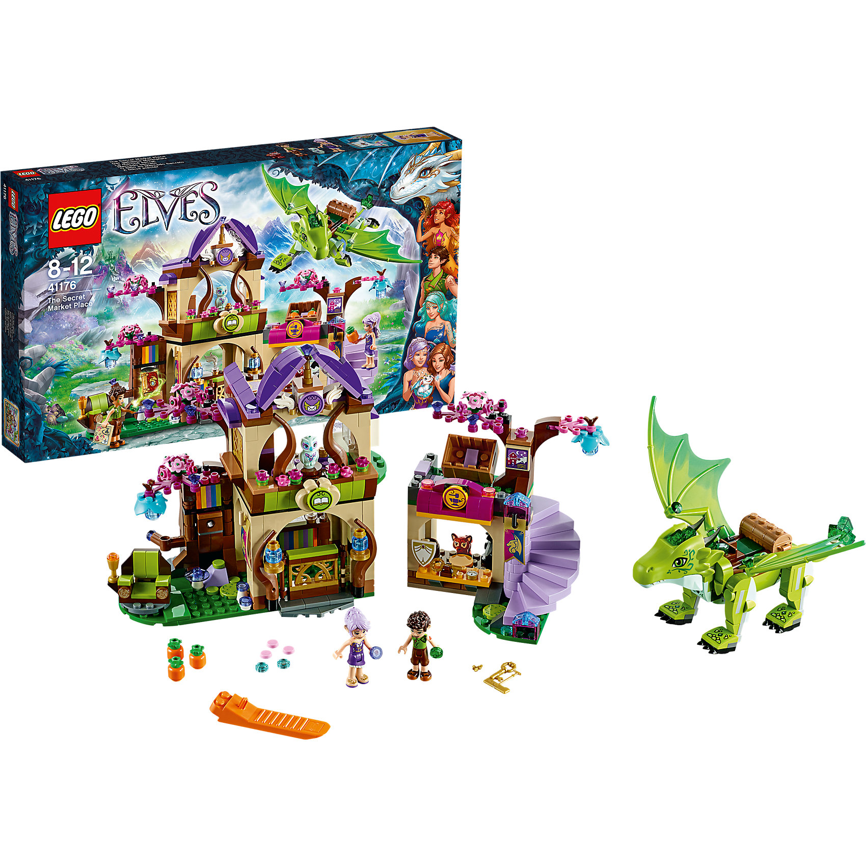 LEGO Elves 41176: Секретный рынок LEGO Elves 41176: Секретный рынокКонструктор LEGO Elves (ЛЕГО Эльфы) 41176: Секретный рынок поможет Вашей девочке перенестись в волшебный мир эльфов, познакомиться с его обитателями и пережить вместе с ними веселые приключения. Эльф земли Фарран по прозвищу Тень Листвы и эльф ветра Эйре по прозвищу Шёпот Ветра нашли Секретный рынок, где работают одни животные! На почте трудиться сова Оуливер, симпатичный лисенок Флейми работает ювелиром. А зайдя в библиотеку Вы познакомитесь с Айрой. Не забудьте покормить тыквами земляного дракона Торна и помогите Фаррану использовать магические силы земли, чтобы найти тайник, где спрятана Книга драконов!.<br><br>Конструкторы серии LEGO Elves объединены общим сюжетом о приключениях девочки Эмили Джонс, попавшей в удивительный мир эльфов. Чтобы вернуться обратно домой ей нужно отыскать четыре волшебных ключа. Найти их ей помогут ее новые друзья - эльфы Азари (эльф огня), Наида (эльф воды), Эйра (эльф ветра) и Фарран (эльф Земли). Необычные яркие цвета, уникальные детали и минифигурки и красивые сказочные сюжеты делают эти конструкторы прекрасным подарком для всех девочек от 6 до 12 лет.<br><br>Дополнительная информация:<br><br>- Игра с конструктором LEGO (ЛЕГО) развивает мелкую моторику ребенка, фантазию и воображение, учит его усидчивости и внимательности.<br>- Количество деталей: 691.<br>- Количество минифигур: 2 (эльф Фарран и эльф Эйра).<br>- Серия: LEGO Elves (ЛЕГО Эльфы).<br>- Материал: пластик.<br>- Размер упаковки: 47 х 6 х 28 см.<br>- Вес: 0,905 кг.<br><br>Конструктор LEGO Elves (ЛЕГО Эльфы) 41176: Секретный рынок можно купить в нашем интернет-магазине.<br><br>Ширина мм: 474<br>Глубина мм: 281<br>Высота мм: 63<br>Вес г: 904<br>Возраст от месяцев: 96<br>Возраст до месяцев: 144<br>Пол: Женский<br>Возраст: Детский<br>SKU: 4259137