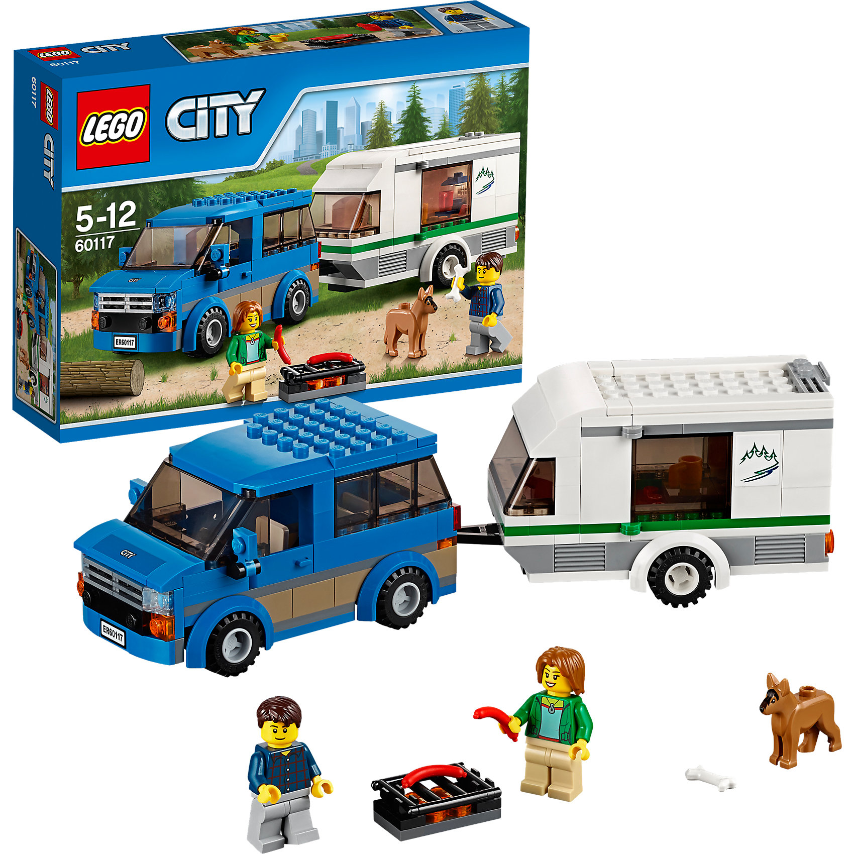 LEGO City 60117: Фургон и дом на колёсах LEGO City 60117: Фургон и дом на колёсахПластмассовые конструкторы<br>LEGO City (ЛЕГО Сити) 60117: Фургон и дом на колёсах подарит Вашему ребенку новые веселые приключения и расширит игровые возможности. Отправляйся в увлекательное путешествие на собственном фургоне. Заполни домик на колесах всем необходимым и не забудь захватить с собой любимую собачку. Корпус фургона состоит из синих деталей. Спереди размещается кабина водителя с тонированным ветровым стеклом, сиденьем, рулем и открывающимися дверями. Сняв крышу можно рассмотреть просторный салон, где достаточно места для пассажиров. Колеса с рифлеными шинами обеспечивают машине хорошую маневренность. Заглянуть внутрь домика можно раздвинув боковые стенки, здесь располагаются уютное спальное место, столик и кухонный уголок с кофеваркой. В комплект также входят разнообразные игровые аксессуары, фигурка собачки и две минифигурки туристов. <br><br>Серия конструкторов LEGO City позволяет почувствовать себя инженером и архитектором, строителем или мэром города. Вы можете создавать свой город мечты, развивать городскую инфраструктуру, строить дороги и здания, управлять городским хозяйством и следить за порядком.<br>В игровых наборах с разнообразными сюжетами много интересных персонажей, оригинальных объектов и городской техники. Это уникальная возможность для ребенка развивать фантазию и логическое мышление, узнавать и осваивать разные профессии.<br><br>Дополнительная информация:<br><br>- Игра с конструктором LEGO (ЛЕГО) развивает мелкую моторику ребенка, фантазию и воображение, учит его усидчивости и внимательности.<br>- Количество деталей: 250.<br>- Количество минифигур: 2.<br>- Серия: LEGO City (ЛЕГО Сити).<br>- Материал: пластик.<br>- Размер собранного фургона: 6 х 12 х 6 см.<br>- Размер прицепа: 6 х 13 х 5 см.<br>- Размер упаковки: 26 х 6 х 19 см.<br>- Вес: 0,415 кг.<br><br>LEGO City (ЛЕГО Сити) 60117: Фургон и дом на колёсах можно купить в нашем интернет-магазине.<br><br>Ширина мм: 265<br>Глубина мм: 190<br>Высота мм: 66<br>Вес г: 404<br>Возраст от месяцев: 60<br>Возраст до месяцев: 144<br>Пол: Мужской<br>Возраст: Детский<br>SKU: 4259141