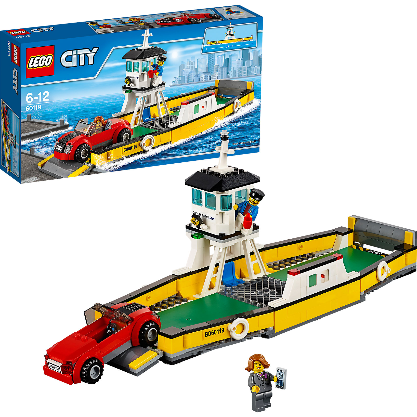 LEGO City 60119: Паром LEGO City 60119: ПаромПластмассовые конструкторы<br>LEGO City (ЛЕГО Сити) 60119: Паром станет прекрасным подарком для юных любителей конструирования. Чего только нет в Лего-Сити для удобства его жителей. Например, если Вам надо переправиться через широкую реку, пересекающую город, к Вашим услугам большой удобный паром, который быстро доставит пассажиров и их автомобили до места назначения. Корпус судна выполнен из желтых и черных деталей. Передний и задний борта трансформируются в удобные пандусы для въезда и выезда автомобилей. Два длинных симметричных борта оснащены спасательными кругами. Просторная палуба вмещает сразу несколько транспортных средств и пассажиров. В центре парома располагается смотровая вышка паромщика, который следит за ходом погрузочных работ. Здесь находятся удобное кресло, рычаги управления, прожектор и навигационные огни. В комплект также входят различные игровые аксессуары и две минифигурки - паромщик и хозяйка легкового автомобиля. <br><br>Серия конструкторов LEGO City позволяет почувствовать себя инженером и архитектором, строителем или мэром города. Вы можете создавать свой город мечты, развивать городскую инфраструктуру, строить дороги и здания, управлять городским хозяйством и следить за порядком.<br>В игровых наборах с разнообразными сюжетами много интересных персонажей, оригинальных объектов и городской техники. Это уникальная возможность для ребенка развивать фантазию и логическое мышление, узнавать и осваивать разные профессии.<br><br>Дополнительная информация:<br><br>- Игра с конструктором LEGO (ЛЕГО) развивает мелкую моторику ребенка, фантазию и воображение, учит его усидчивости и внимательности.<br>- Количество деталей: 301.<br>- Количество минифигур: 2.<br>- Серия: LEGO City (ЛЕГО Сити).<br>- Материал: пластик.<br>- Размер собранного парома: 16 х 34 х 13 см.<br>- Размер упаковки: 35 х 7 х 19 см.<br>- Вес: 0,66 кг.<br><br>LEGO City (ЛЕГО Сити) 60119: Паром можно купить в нашем интернет-магазине.<br><br>Ширина мм: 356<br>Глубина мм: 189<br>Высота мм: 74<br>Вес г: 660<br>Возраст от месяцев: 72<br>Возраст до месяцев: 144<br>Пол: Мужской<br>Возраст: Детский<br>SKU: 4259143