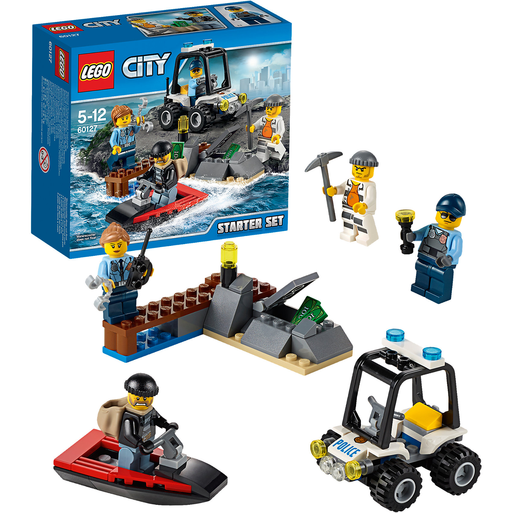 LEGO City 60127: Набор для начинающих «Остров-тюрьма» LEGO City 60127: Набор для начинающих «Остров-тюрьма»Конструктор LEGO City (ЛЕГО Сити) 60127: Набор для начинающих Остров-тюрьма подарит Вашему ребенку новые веселые приключения и расширит игровые возможности. На острове-тюрьме совершил побег опасный преступник. Он прихватил с собой мешок с награбленным и вместе со своим напарником пытается скрыться на красном скутере. В погоню за ними отправляются двое отважных полицейских на своем мощном внедорожнике. Набор отличается простотой сборки и прекрасно подходит для начинающих. Вы легко сможете построить красный скутер, деревянный пирс с открывающимся тайником и полицейский багги с просторной кабиной с рулем, рифлёными шинами, сигнальными огнями и круглыми фарами. В комплект также входят различные игровые аксессуары и четыре минифигурки - два полицейских и два преступника.<br><br>Серия конструкторов LEGO City позволяет почувствовать себя инженером и архитектором, строителем или мэром города. Вы можете создавать свой город мечты, развивать городскую инфраструктуру, строить дороги и здания, управлять городским хозяйством и следить за порядком. В игровых наборах с разнообразными сюжетами много интересных персонажей, оригинальных объектов и городской техники. Это уникальная возможность для ребенка развивать фантазию и логическое мышление, узнавать и осваивать разные профессии.<br><br>Дополнительная информация:<br><br>- Игра с конструктором LEGO (ЛЕГО) развивает мелкую моторику ребенка, фантазию и воображение, учит его усидчивости и внимательности.<br>- Количество деталей: 92.<br>- Количество минифигур: 4.<br>- Серия: LEGO City (ЛЕГО Сити).<br>- Материал: пластик.<br>- Размер упаковки: 16 х 6 х 14,5 см.<br>- Вес: 0,16 кг.<br><br>Конструктор LEGO City (ЛЕГО Сити) 60127: Набор для начинающих Остров-тюрьма можно купить в нашем интернет-магазине.<br><br>Ширина мм: 163<br>Глубина мм: 142<br>Высота мм: 63<br>Вес г: 142<br>Возраст от месяцев: 60<br>Возраст до месяцев: 144<br>Пол: Мужской<br>Возраст: Детский<br>SKU: 4259145