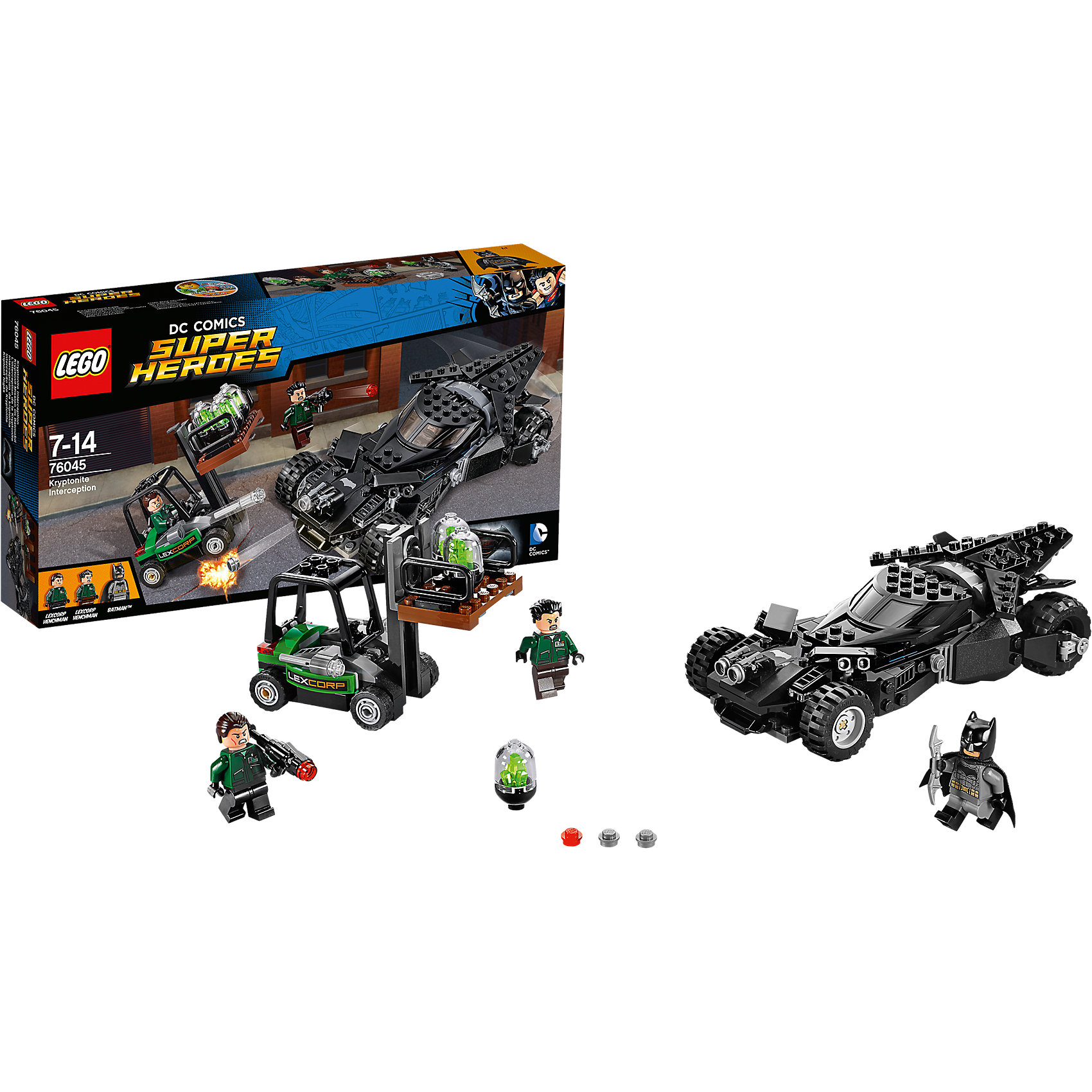 LEGO Super Heroes 76045: Перехват криптонита LEGO Super Heroes 76045: Перехват криптонитаLEGO Super Heroes<br>Спеши вместе с Бэтменом к пристани, где приспешники LexCorp грузят криптонит. Стреляй из шипованных шутеров Бэтмобиля и уворачивайся от маневренных ракет вильчатого погрузчика. Открой двери Бэтмобиля и начни атаку с помощью серебряного бэтаранга Бэтмена. Взорви криптонит из погрузчика и уворачивайся от выстрелов базуки бандитов. Удастся ли Бэтмену сбежать со своим токсичным грузом?<br><br>LEGO Super Heroes (ЛЕГО Супер Герои) - серия конструкторов созданная специально по мотивам всеми известных комиксов. Спасай мир и борись со злом вместе с любимыми супергероями! Наборы серии можно комбинировать между собой, давая безграничные просторы для фантазии и придумывая свои новые истории. <br><br>Дополнительная информация:<br><br>- Конструкторы ЛЕГО развивают усидчивость, внимание, фантазию и мелкую моторику. <br>- 3 минифигурки в комплекте: 2 рабочих, Бэтмен. <br>- В комплекте 3 минифигурки, аксессуары, Бэтмобиль, погрузчик.<br>- Количество деталей: 306<br>- Серия ЛЕГО Супер Герои (LEGO Super Heroes).<br>- Материал: пластик.<br>- Размер упаковки: 35,4х6х19 см.<br>- Вес: 0.435 кг.<br><br>Конструктор LEGO Super Heroes 76045: Перехват криптонита можно купить в нашем магазине.<br><br>Ширина мм: 356<br>Глубина мм: 187<br>Высота мм: 60<br>Вес г: 474<br>Возраст от месяцев: 84<br>Возраст до месяцев: 168<br>Пол: Мужской<br>Возраст: Детский<br>SKU: 4259155