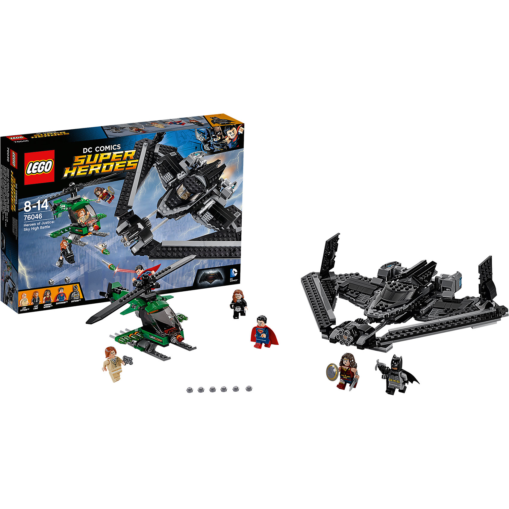 LEGO Super Heroes 76046: Поединок в небе LEGO Super Heroes 76046: Поединок в небеLEGO Super Heroes<br>Объедини силы с Супергероями, чтобы бросить вызов Лексу Лютору в захватывающей битве высоко в небе над Метрополисом. Запусти Бэтмолёт с Бэтменом в кабине и разверни крылья. Отправляйся в полёт вместе с Суперменом и Чудо-женщиной, чтобы спасти Лоис от падения. Уворачивайся от криптонитовых маневренных ракет вертолета LexCorp и стреляй в ответ из потрясающего скорострельного шутера Бэтмолёта. Затем перенеси битву на улицы города, действуя захватным крюком Бэтмена.<br><br>LEGO Super Heroes (ЛЕГО Супер Герои) - серия конструкторов созданная специально по мотивам всеми известных комиксов. Спасай мир и борись со злом вместе с любимыми супергероями! Наборы серии можно комбинировать между собой, давая безграничные просторы для фантазии и придумывая свои новые истории. <br><br>Дополнительная информация:<br><br>- Конструкторы ЛЕГО развивают усидчивость, внимание, фантазию и мелкую моторику. <br>- 5 минифигурок в комплекте: Бэтмен, Чудо-женщина, Супермен, Лоис, Лекс Лютер. <br>- В комплекте 5 минифигурок, аксессуары, вертолет, Бэтмолёт.<br>- Количество деталей: 517.<br>- Серия ЛЕГО Супер Герои (LEGO Super Heroes).<br>- Материал: пластик.<br>- Размер упаковки: 38х7х26 см.<br>- Вес: 0.8 кг.<br><br>Конструктор LEGO Super Heroes 76046: Поединок в небе можно купить в нашем магазине.<br><br>Ширина мм: 381<br>Глубина мм: 261<br>Высота мм: 73<br>Вес г: 798<br>Возраст от месяцев: 96<br>Возраст до месяцев: 168<br>Пол: Мужской<br>Возраст: Детский<br>SKU: 4259156